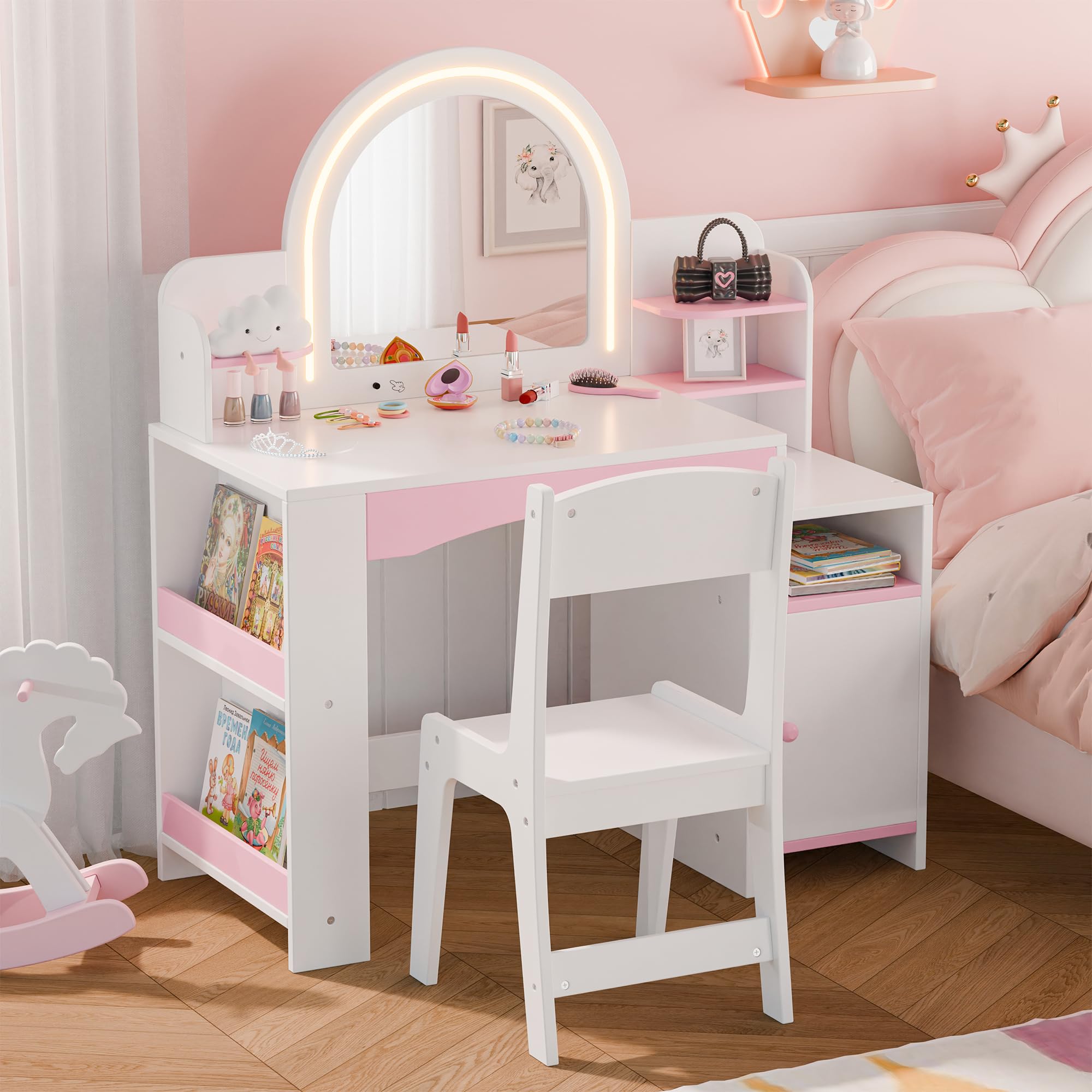 MU Kids Vanity with Lights - Princess Makeup Vanity Desk with Open Bookshelf, Storage Cabinet & Shelves, 2-in-1 Toddler Vanity Table & Chair Set with Lighted Mirror for Little Girls (White) - Perfect for Bedroom Decor, Birthday Gifts & Pretend Play