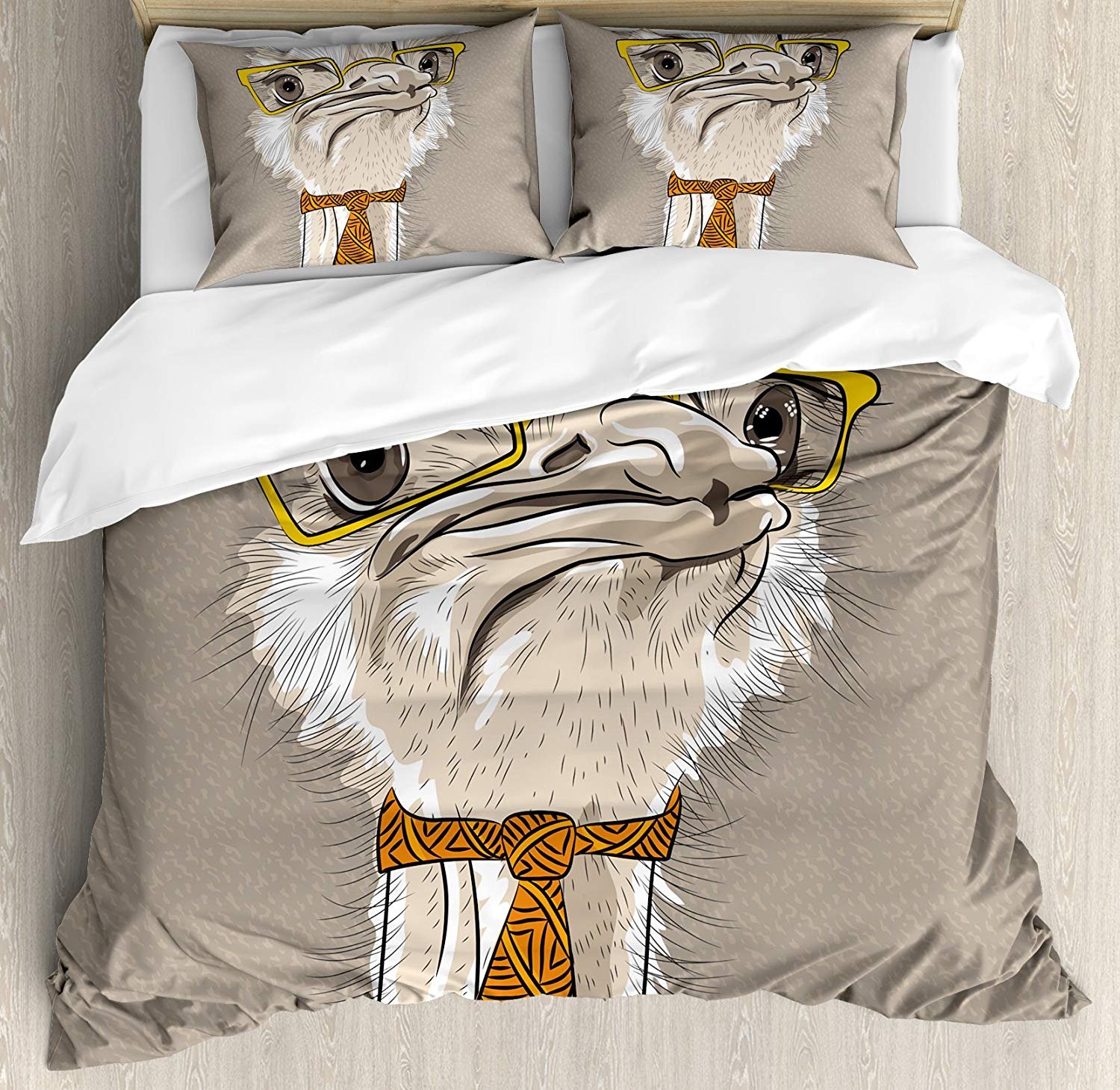 3-Piece Twin Size Bedding Set - Modern Ostrich Bird Print with Yellow Glasses & Tie Dye Duvet Cover + 2 Pillow Shams | Soft & Comfortable Bed Sheets for Kids, Teens & College Dorms | Perfect for Bedroom Decor, Gift Ideas & Cozy Sleep