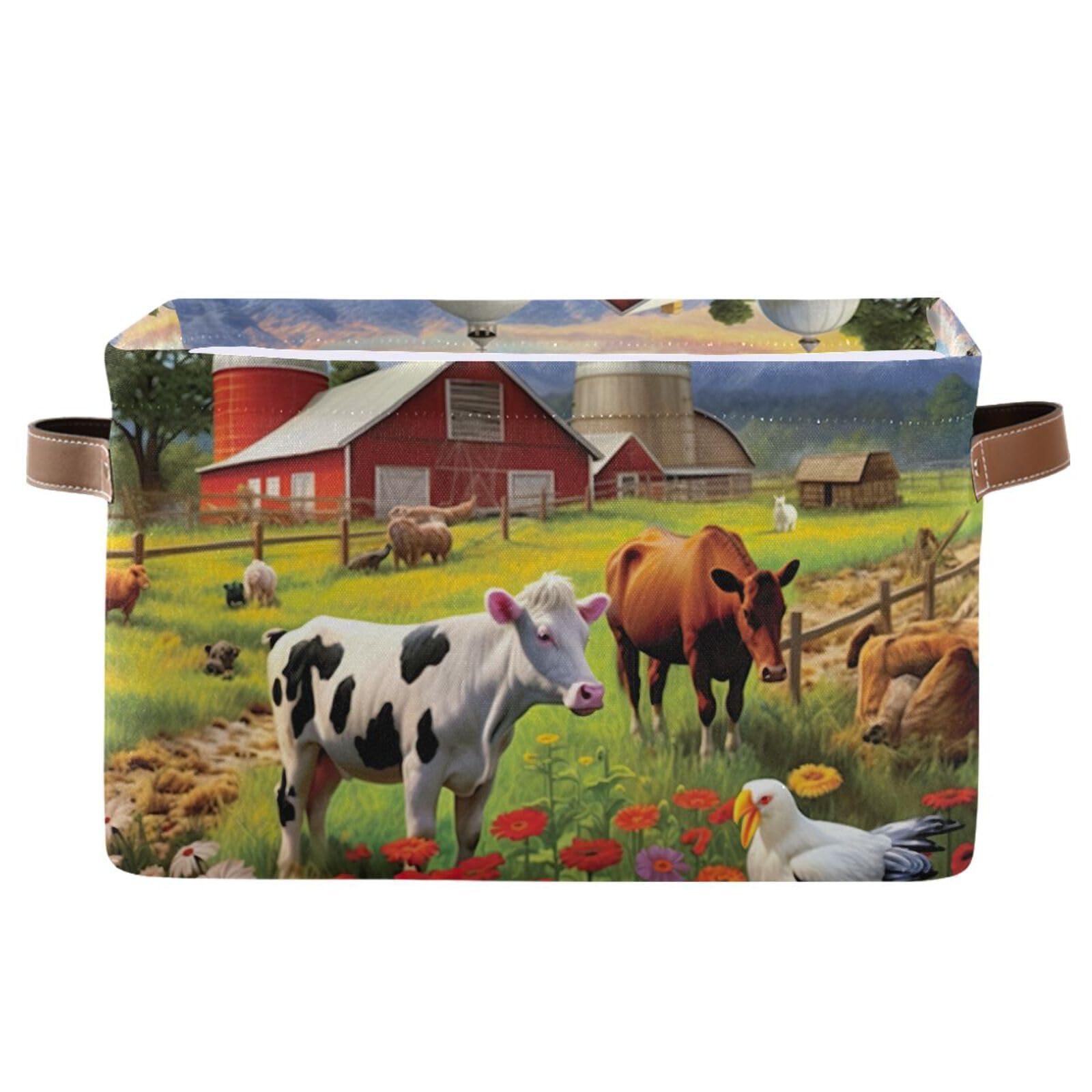 Farm Animals Storage Baskets - Foldable Canvas Fabric Organizer Box with Handles, 2 Pack - Perfect for Home, Office, Closet & Shelf Organization | Great for Toys, Clothes & Decorative Storage