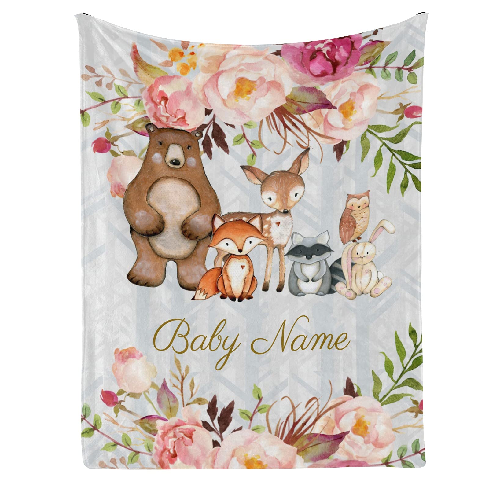 Personalized Floral Woodland Forest Animals Baby Blanket - Custom Bear Fox Deer Fleece Blanket for Boys & Girls - Super Soft 30x40 Inch Baby Shower, Birthday, Wedding Gift - Perfect for Nursery, Travel & Photo Shoots