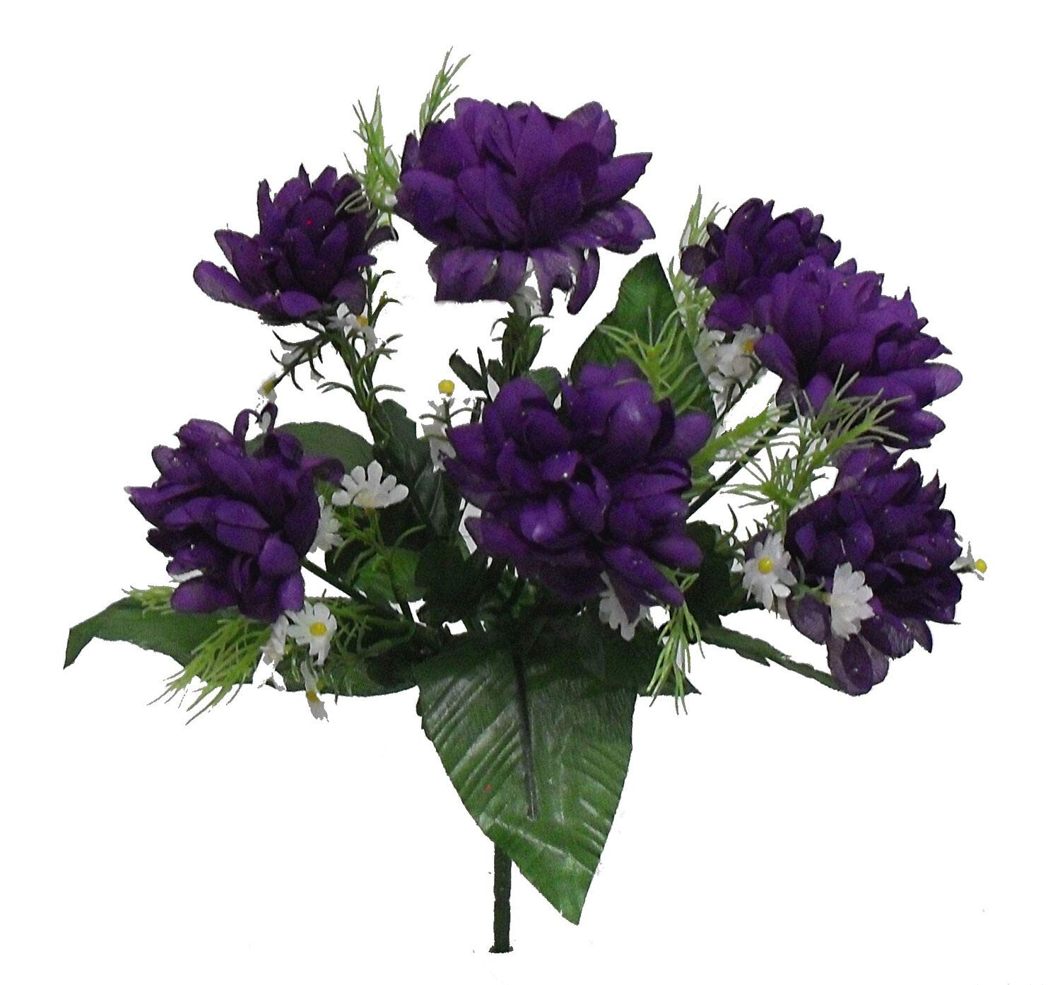 Purple Artificial Silk Chrysanthemum Flowers - 7 Mini Mums Bush for Fall Wedding Bouquets, Home Decor, Table Centerpieces & DIY Crafts