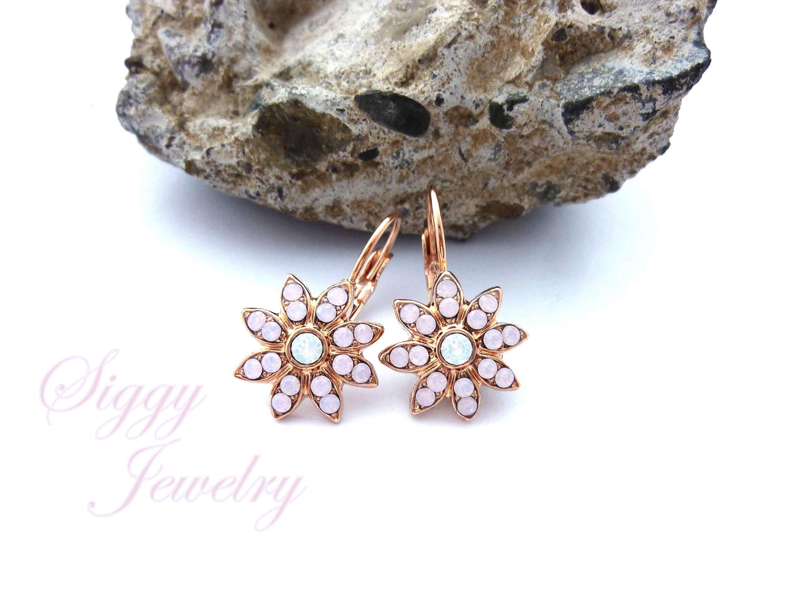 Genuine Austrian Crystal Flower Cluster Earrings - Rose Water Opal & White Opal Snowflake Design, Lever Back Rose Gold Finish | Elegant Jewelry for Weddings, Parties & Special Occasions