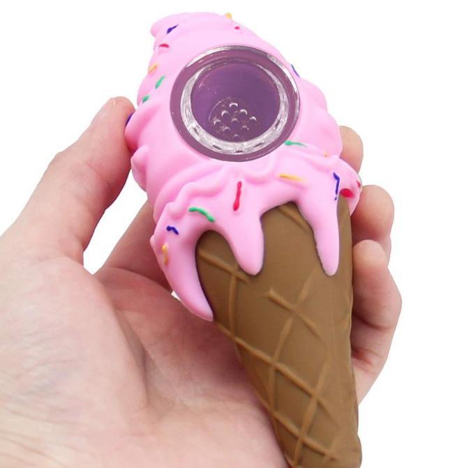 Silicone Ice Cream Hand Pipe with Thick Glass Bowl - Portable Smoking Pipe for Tobacco & Herbs | Perfect for Travel, Camping & Outdoor Activities