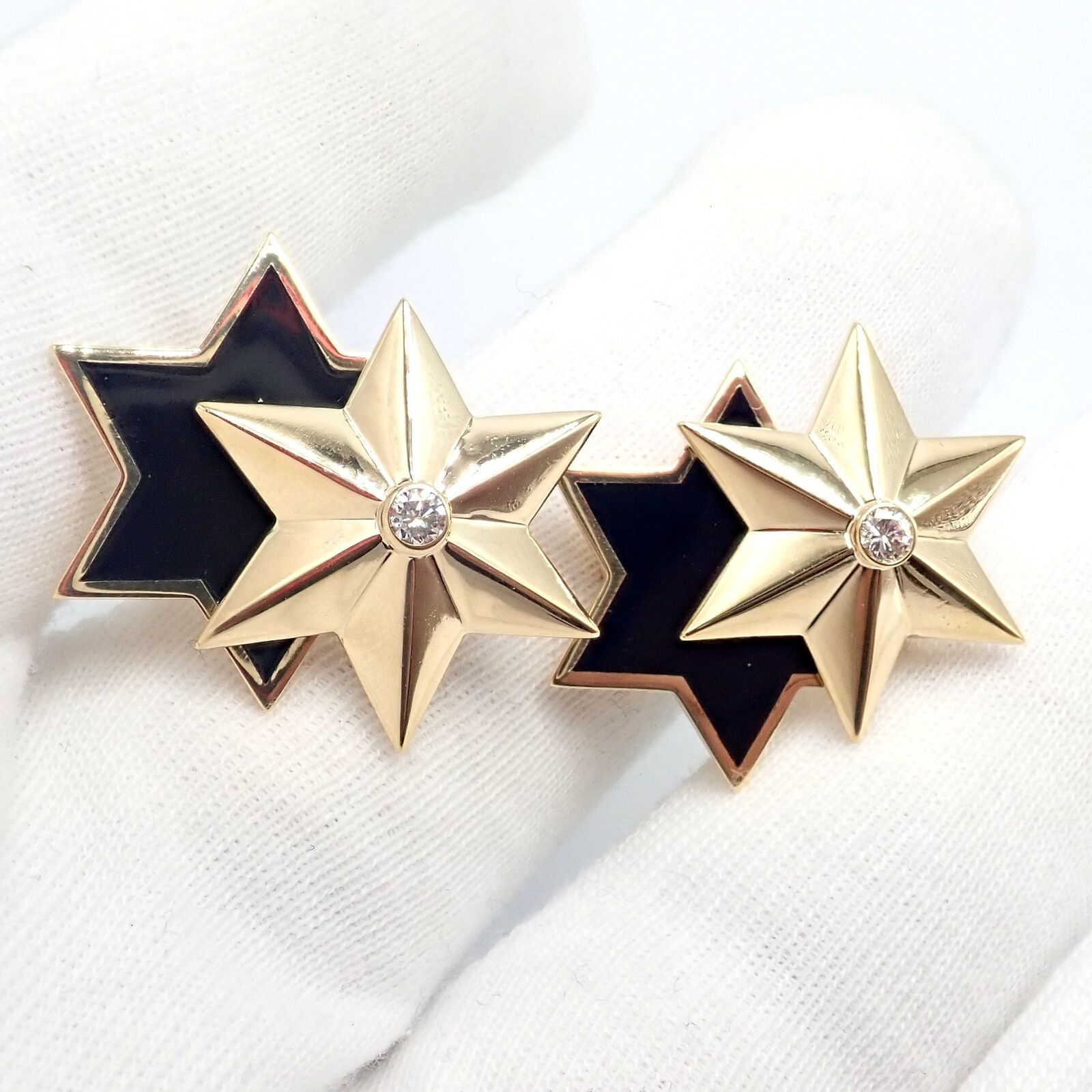 Authentic Verdura 18k Yellow Gold Diamond Black Enamel Double Star Earrings - Luxury Jewelry for Evening Gala & Special Occasions