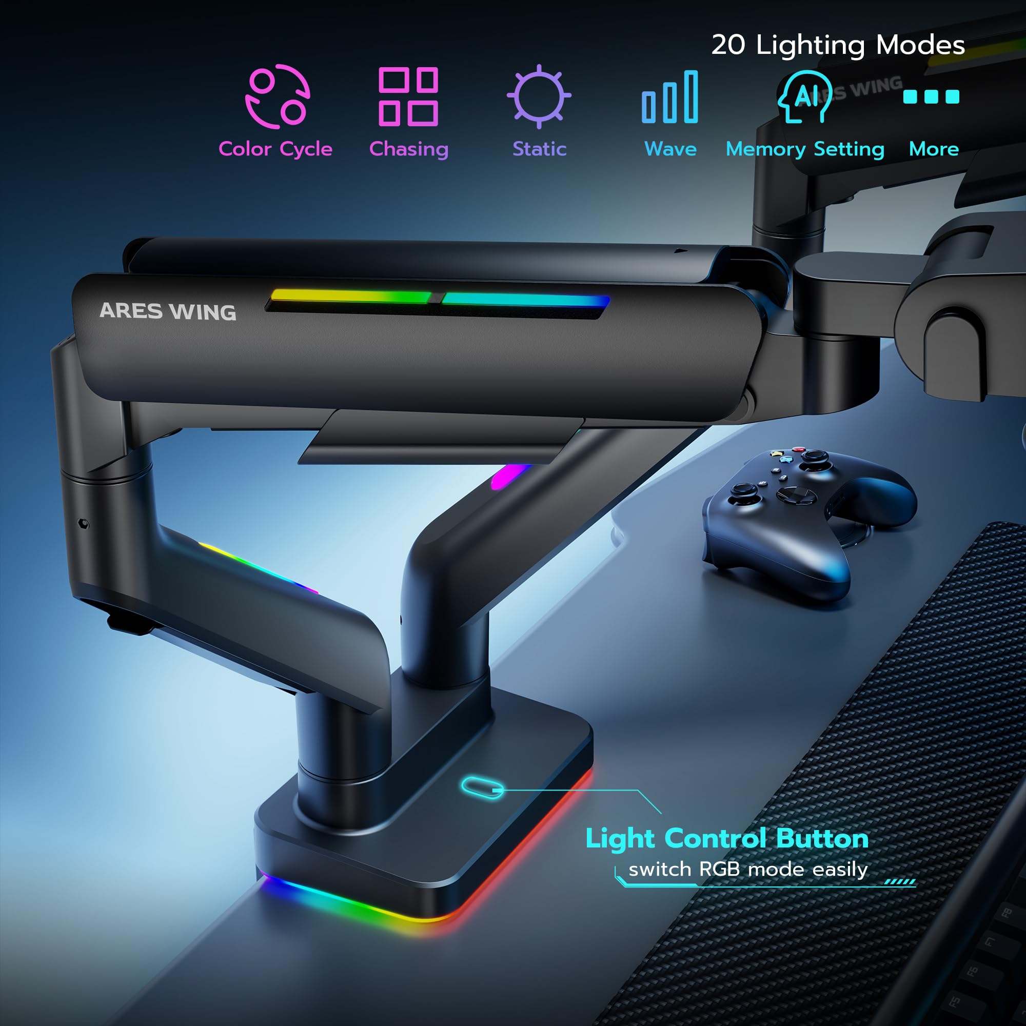ARES WING Dual Monitor Arm Stand for 17-35 Inch Screens - Heavy Duty Adjustable Gas Spring RGB Monitor Mount with Clamp/Grommet Base, 75/100mm VESA Compatible - Perfect for Gaming Setup, Home Office & Workstation (Black)
