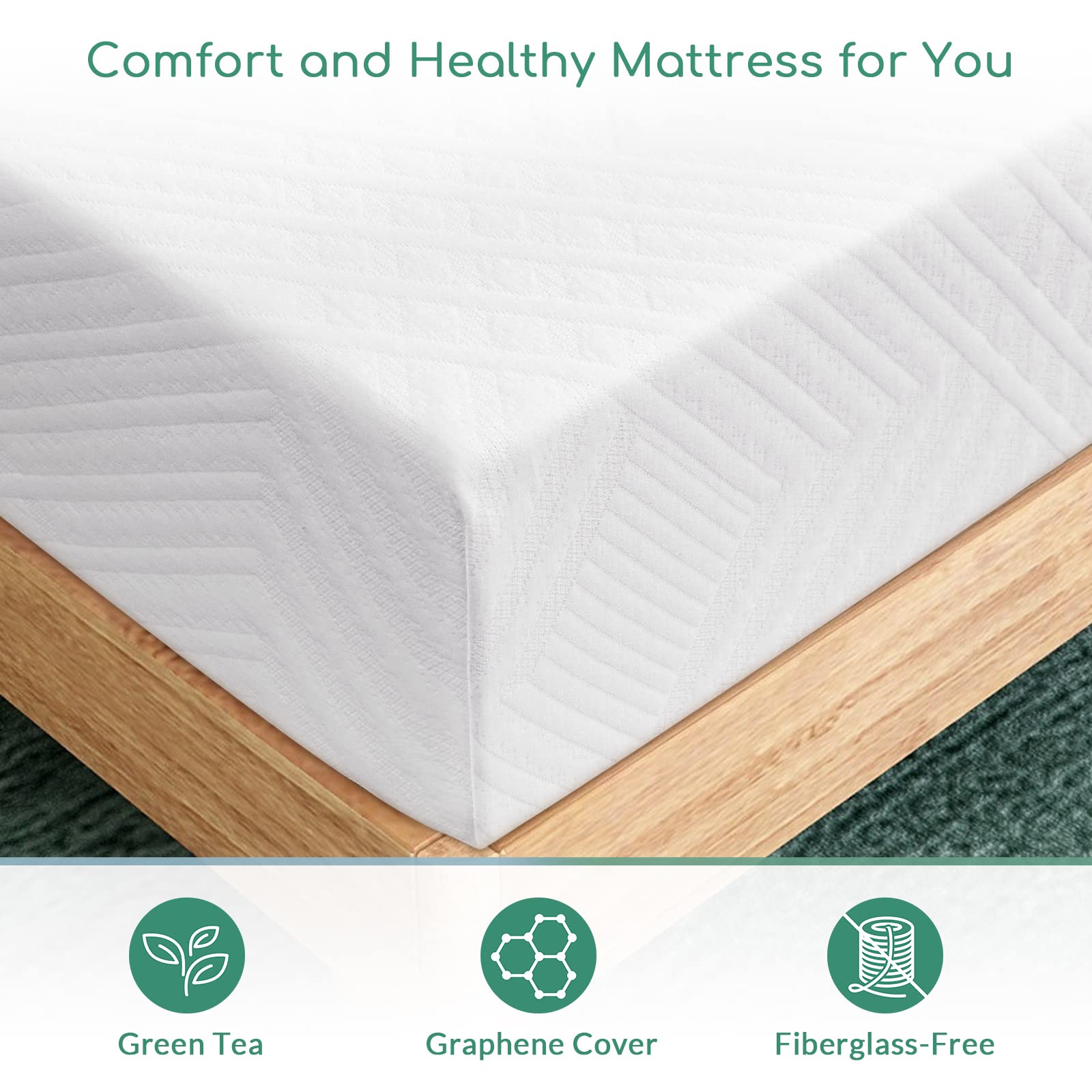 8 Inch Green Tea Memory Foam Mattress - Medium Firm Support for Pressure Relief & Cool Sleep | CertiPUR-US Certified | Made in USA | White | Perfect for Bedrooms, Guest Rooms & Dormitories