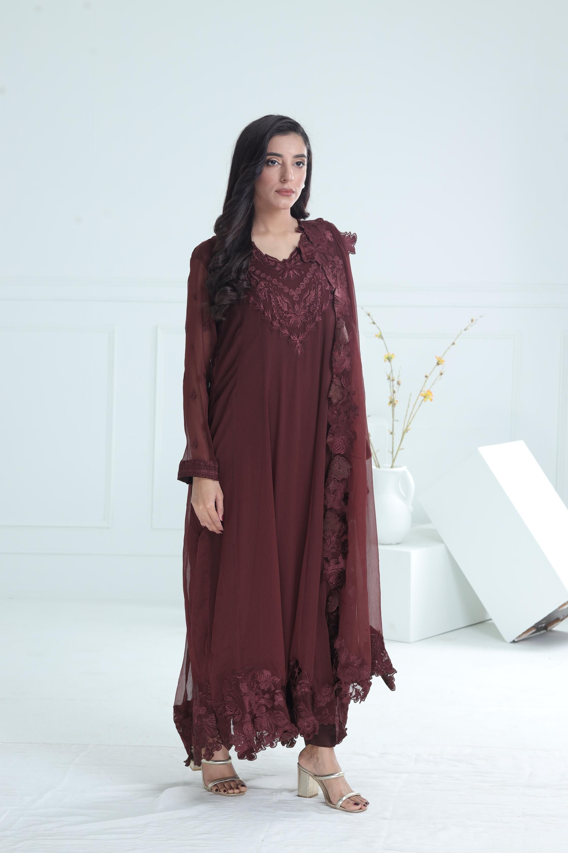 Elegant Chiffon Brown Stitched Suit for Women | Stonez | Perfect for Weddings, Parties & Formal Occasions