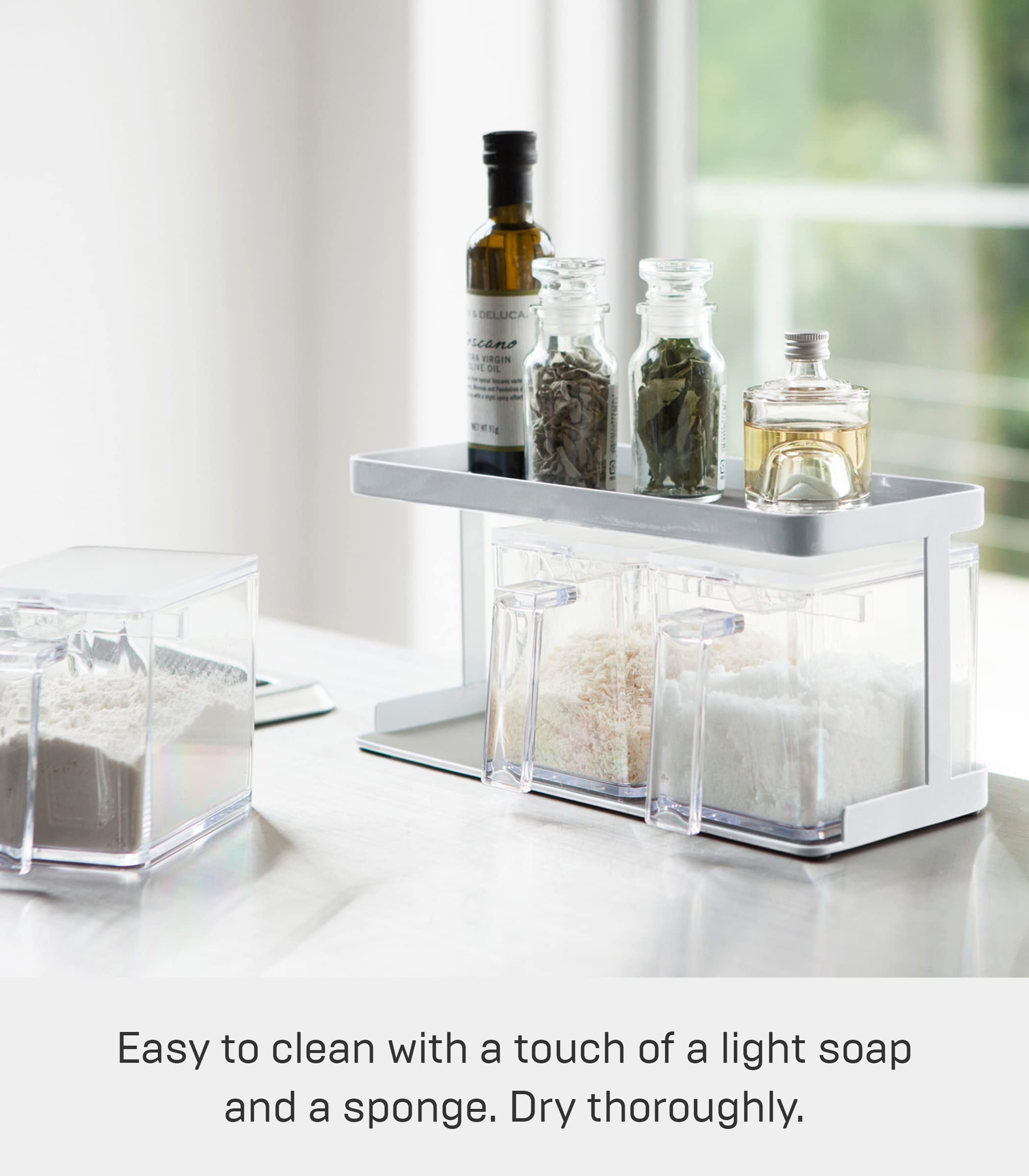 Yamazaki Home Pantry Canisters with Rack - Kitchen Storage Containers Organizer | Stainless Steel & Plastic Food Storage Canisters | White Airtight Canisters for Flour, Sugar, Coffee, Tea | Perfect for Pantry, Countertop & Kitchen Organization