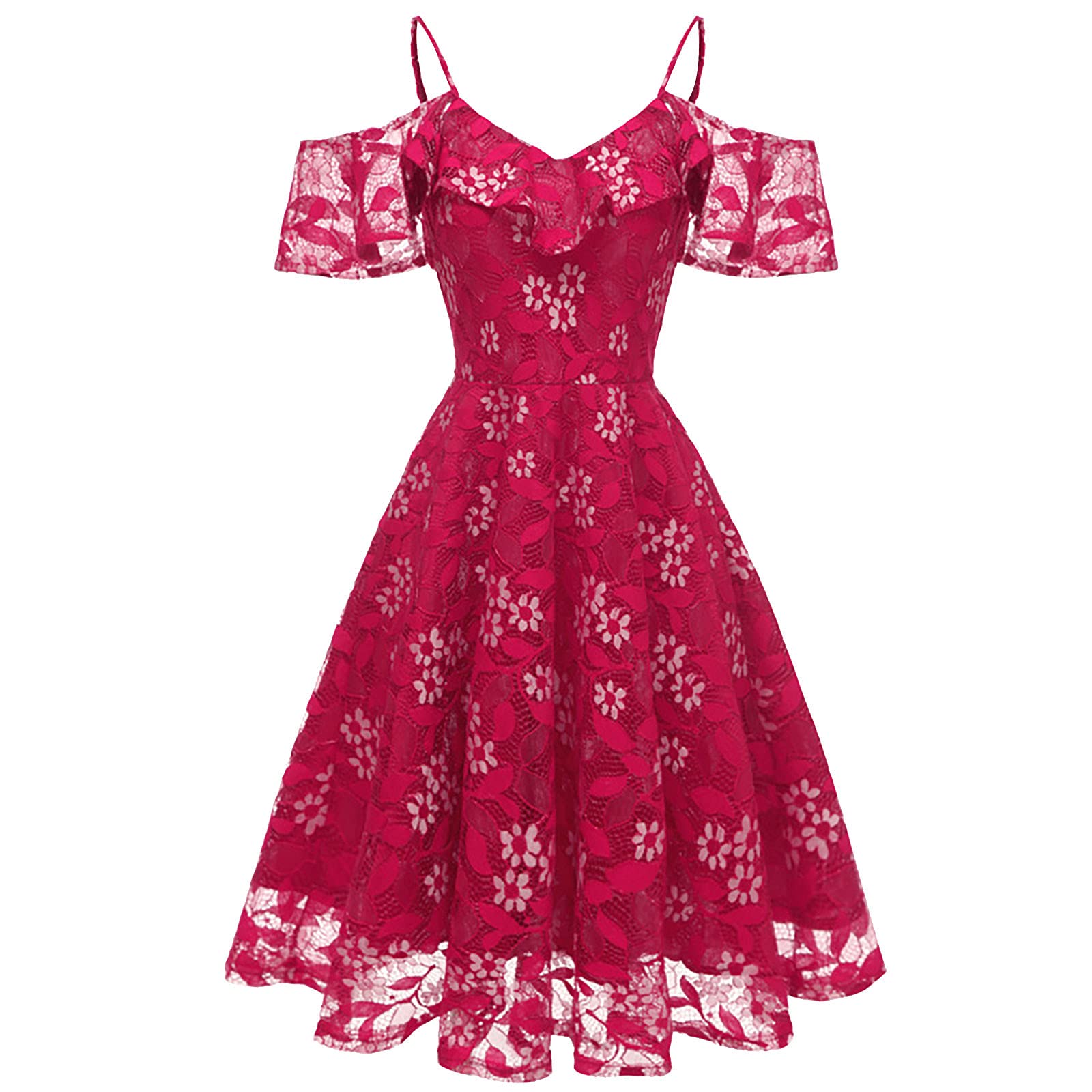 Women's Vintage Lace Off-The-Shoulder Cocktail Dress - Short Sleeve Sling Party & Prom Ballgown - Perfect for Weddings, Date Nights & Formal Events