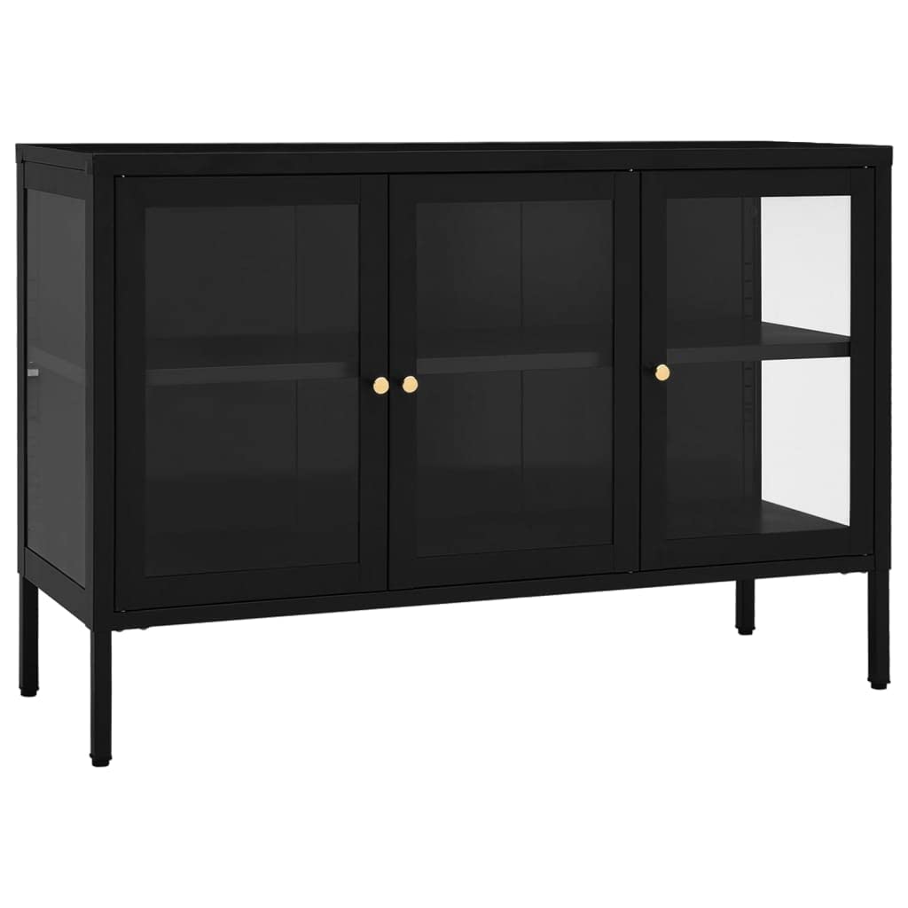 vidaXL Powder-Coated Steel Sideboard - Black Tempered Glass Door Storage Cabinet with Adjustable Shelf | Sturdy Bookshelf & Decorative Display Cabinet for Living Room, Office & Bedroom Organization