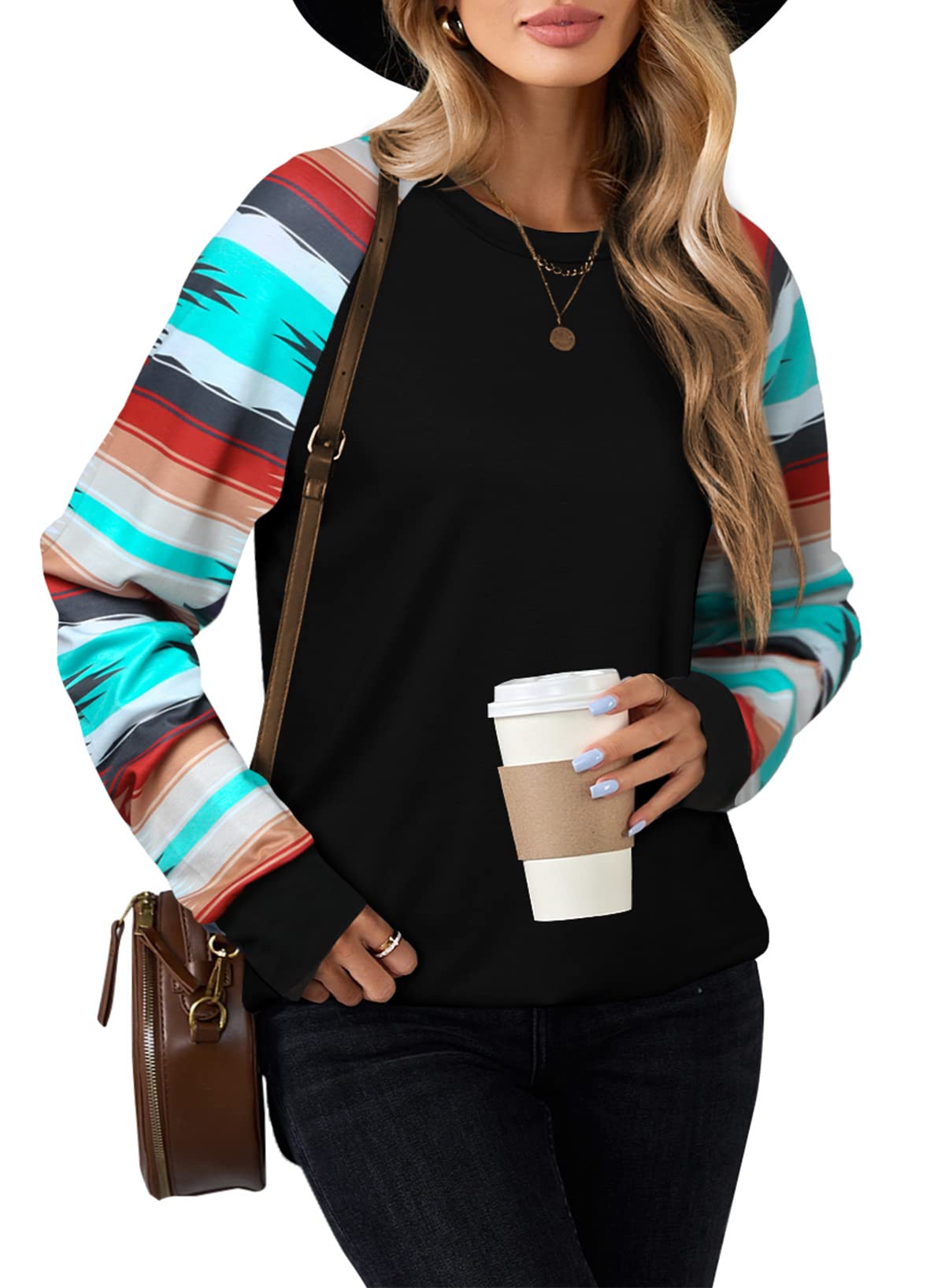 BLENCOT Women's Lightweight Blouse - Color Block Long Sleeve Loose Fit Tunic Top for Casual Wear, Office & Spring Outfits