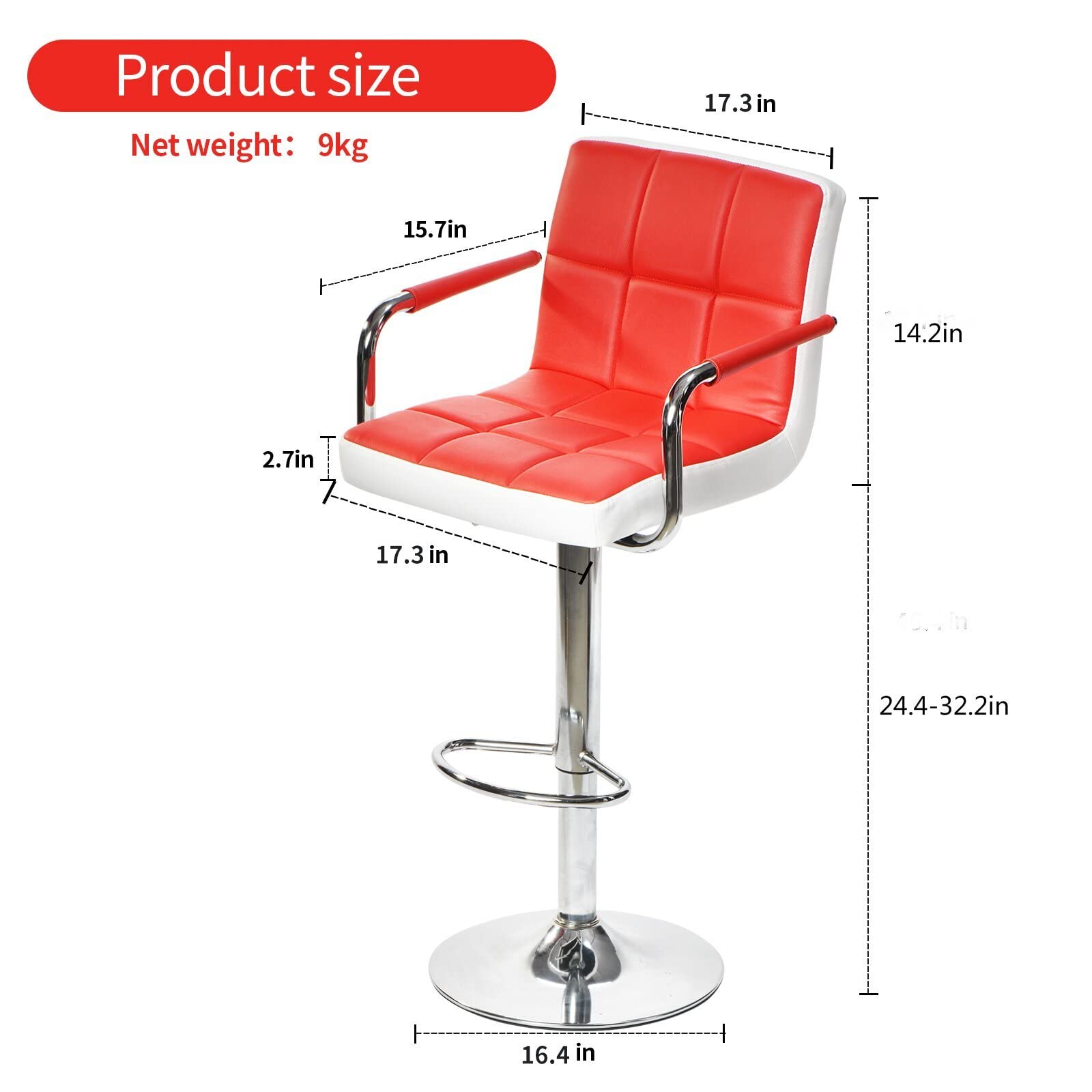 Swivel Bar Stools with Backrest & Armrests - Adjustable Height Red Bar Chairs for Home Bars, Kitchen Islands & Pub Counter Seating