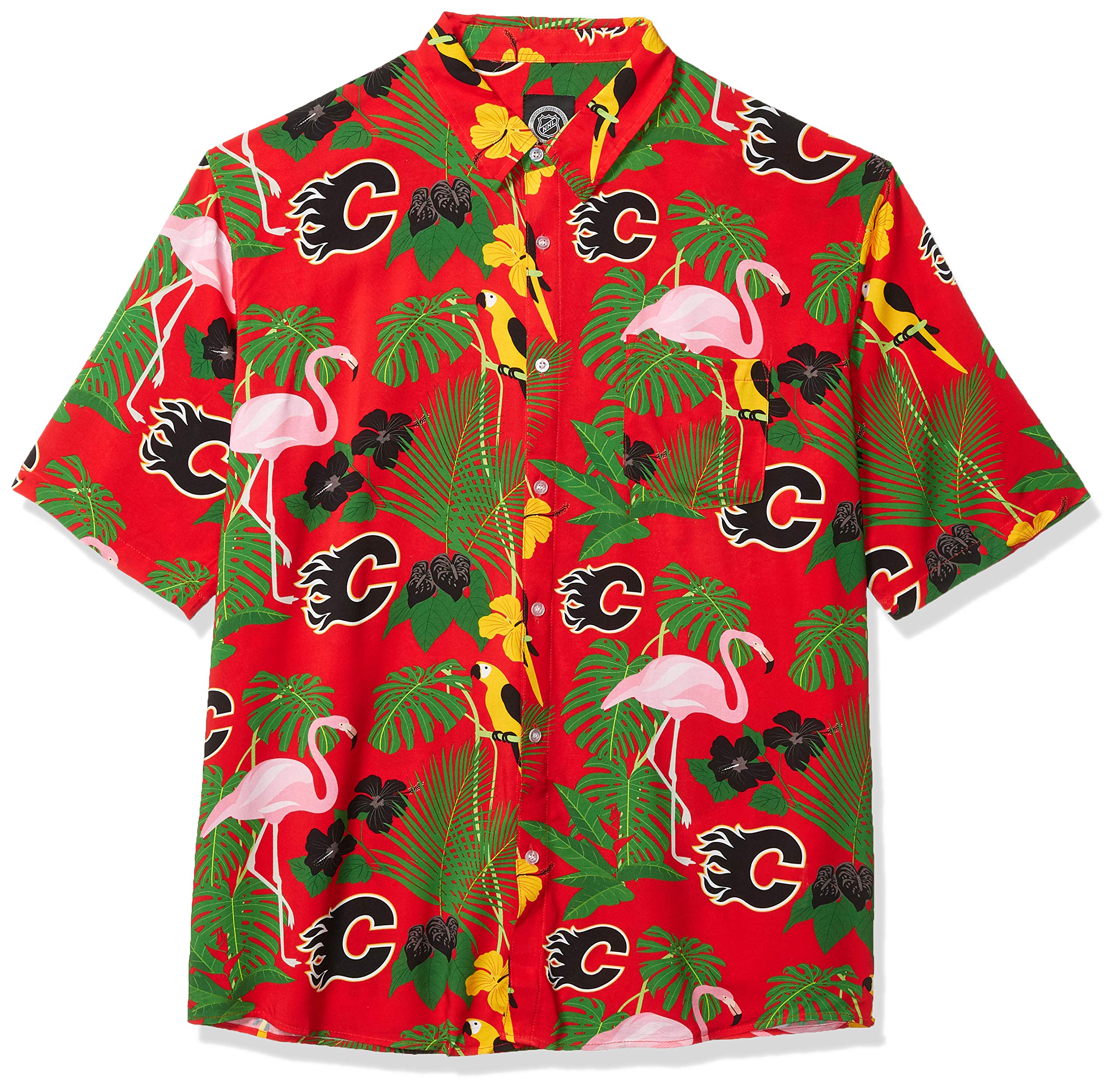 FOCO NHL Calgary Flames Men's Floral Tropical Hawaiian Button Up Shirt - Team Color Short Sleeve Casual Shirt for Beach Vacation, Summer Party & Game Day Outfits (XXXL)