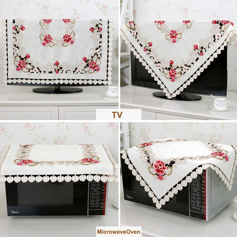 LeLehome 57 Inch Square Floral Embroidered Tablecloth - Classic Beige Lace with White Roses & Leaves Design, Elegant Dining Table Cover for Wedding, Party, Festival, Home & Kitchen Decor | Perfect for Holiday Gatherings, Anniversary Dinners & Special Occasions