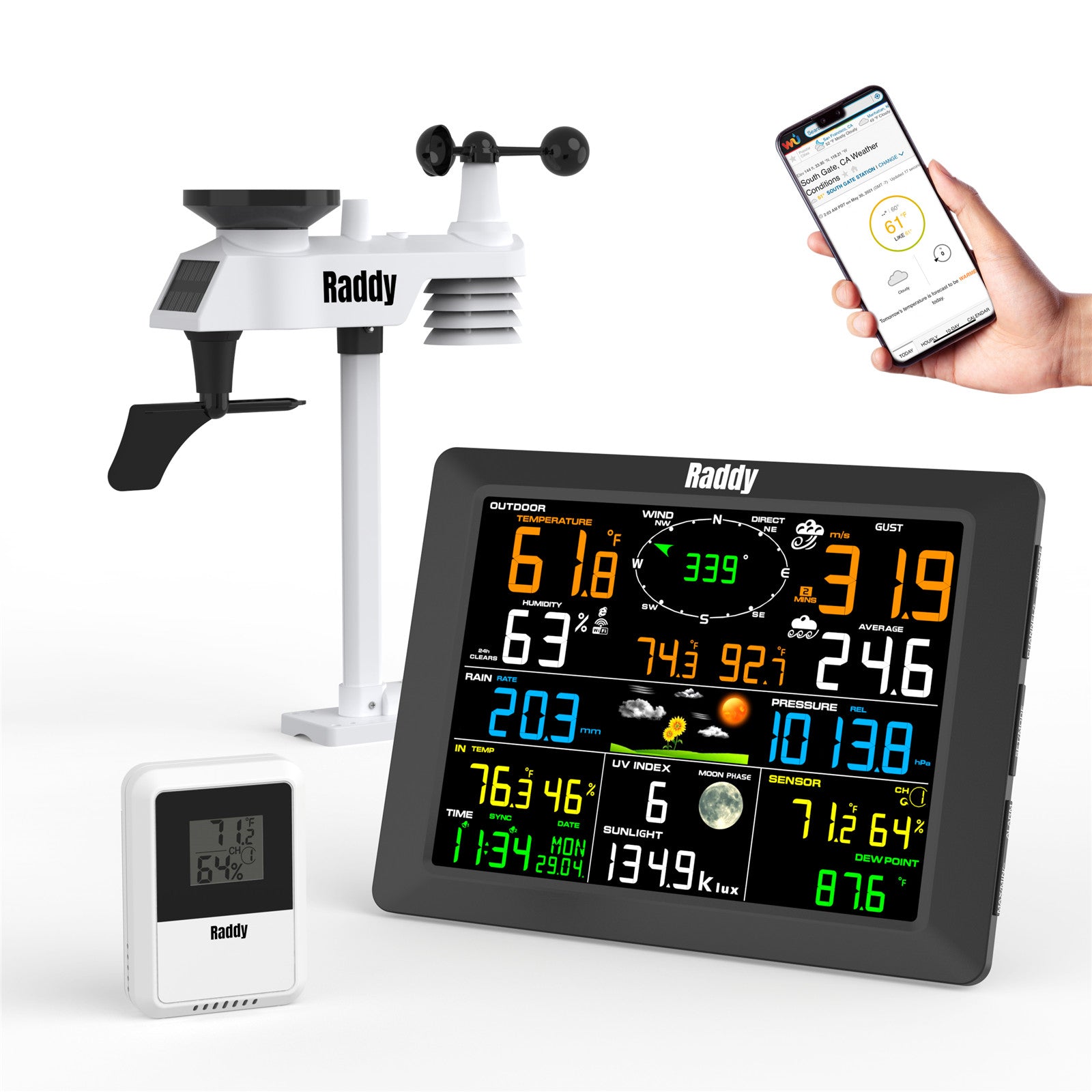 Raddy WF 100C Professional Wireless Weather Station with Large LCD Display, Rain Gauge, Wind Speed Sensor & Solar Alarm Clock - Perfect for Home, Garden, and Outdoor Activities