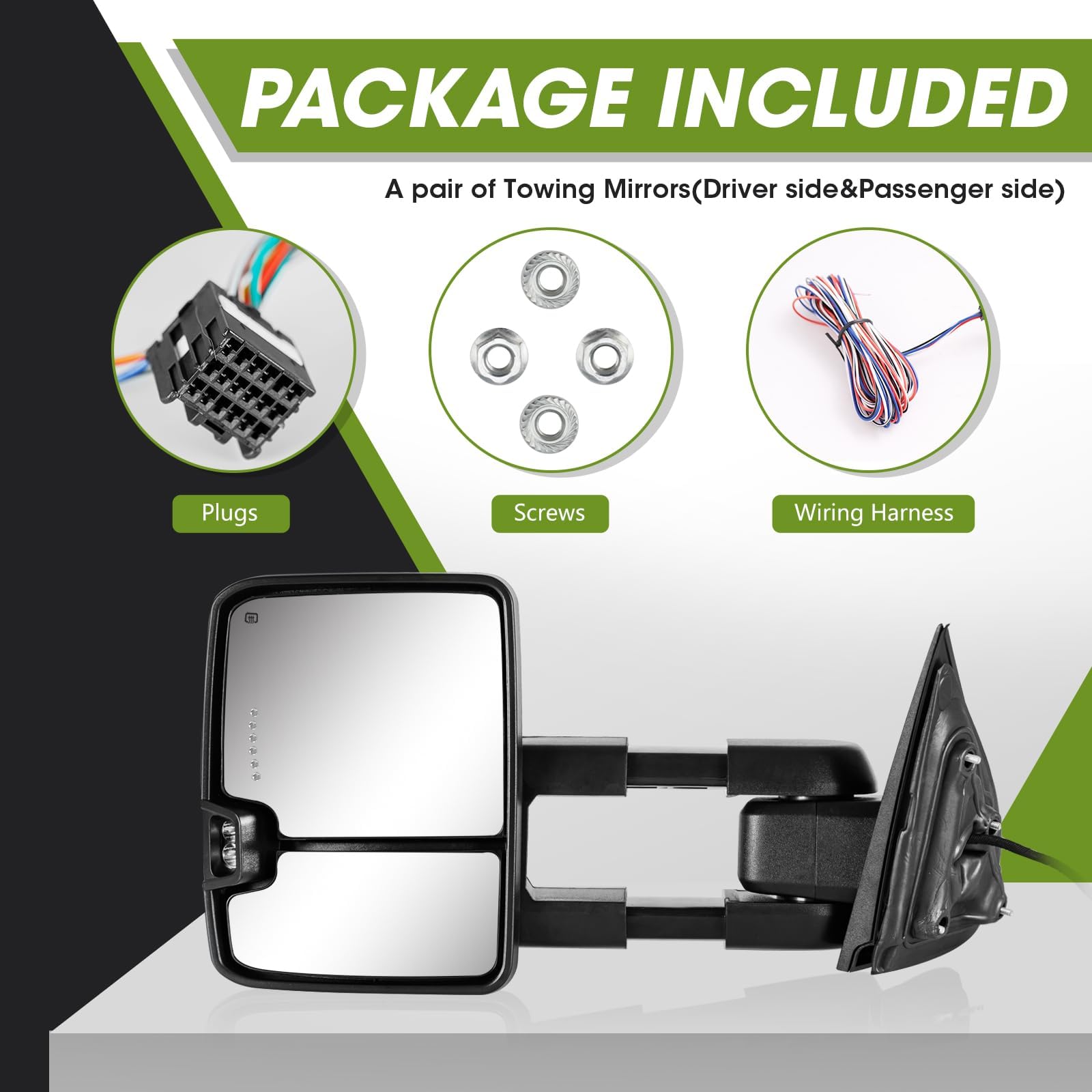 2014-2018 Chevy Silverado & GMC Sierra Towing Mirrors with Turn Signal, Running Lights & Power Heat - Painted Black - Perfect for Towing Trailers & Heavy Loads