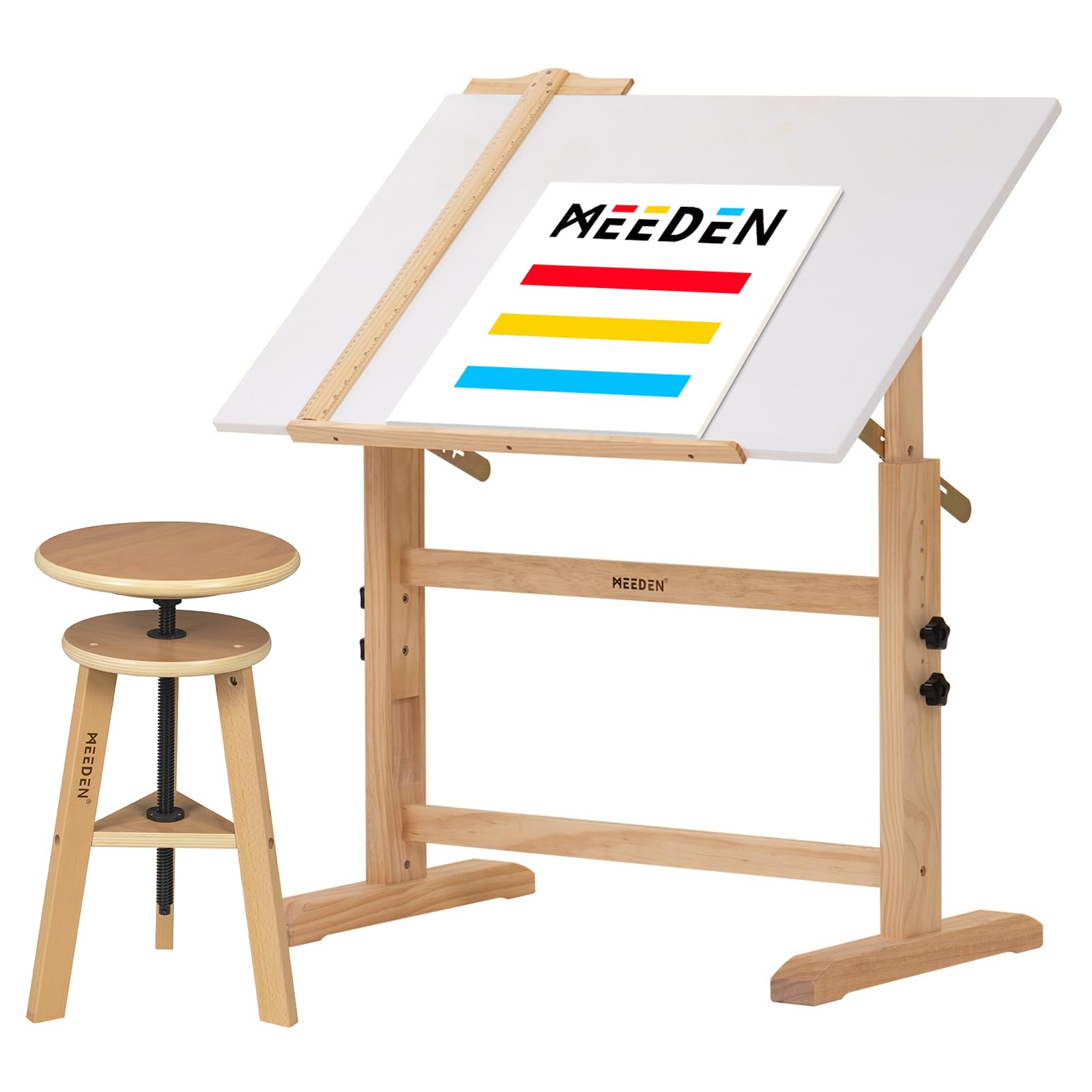 MEEDEN Adjustable Height White Board Drafting Table with Stool Set - Tiltable Drawing Desk & Wooden Artist Stool for Writing, Sketching, Painting - Perfect for Art Studio, Home Office & Classroom Use