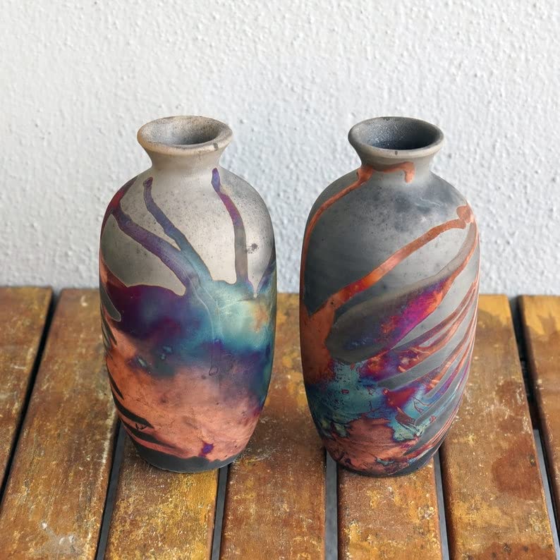 RAAQUU 2 Pack 7 Inch Handmade Ceramic Raku Vase Set - Boho Home Decor, Unique Pottery Gift for Women, Mom, Bridesmaid Wedding Present - Perfect for Living Room, Bedroom & Wedding Decorations