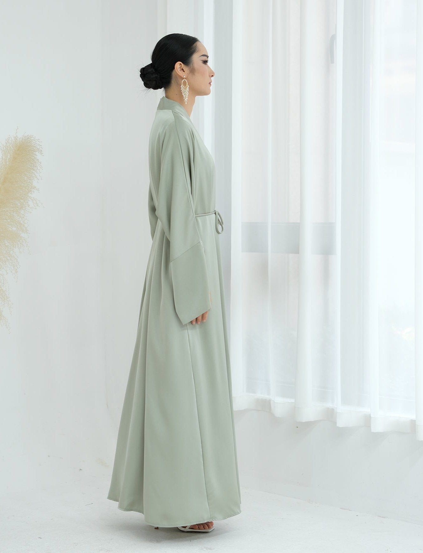 Lavinia Satin Open Abaya for Women - Elegant Long Flowy Prayer Dress - Sage Green Islamic Modest Wear for Mosque, Eid & Special Occasions