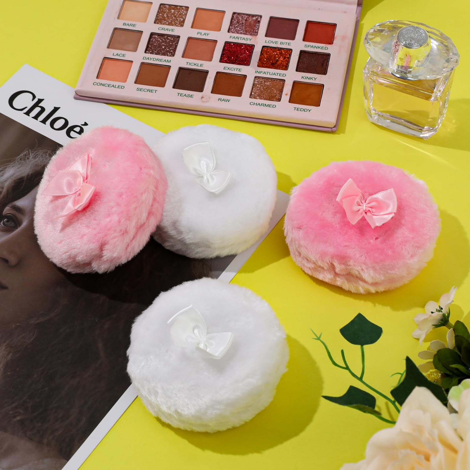 4Pcs Large Fluffy Powder Puff Set - Ultra Soft Face & Body Makeup Puffs for Loose Powder, Washable & Reusable (White/Pink) - Perfect for Daily Makeup Application & Touch-Ups
