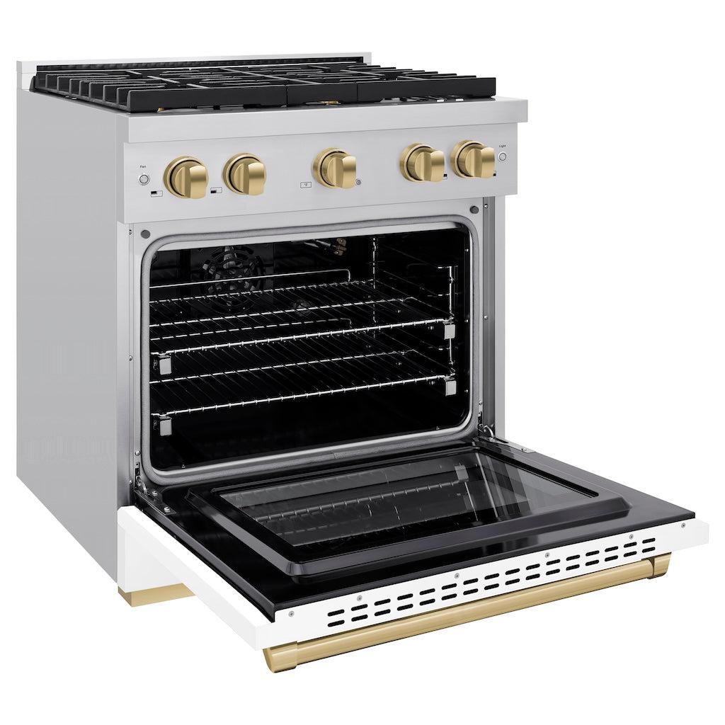 ZLINE Autograph Edition 30-inch 4.2 cu. ft. Stainless Steel Gas Range with 4 Burner Cooktop, Convection Oven & White Matte Door - Champagne Bronze Accents (SGRZ WM 30 CB) - Perfect for Modern Kitchens & Professional Cooking
