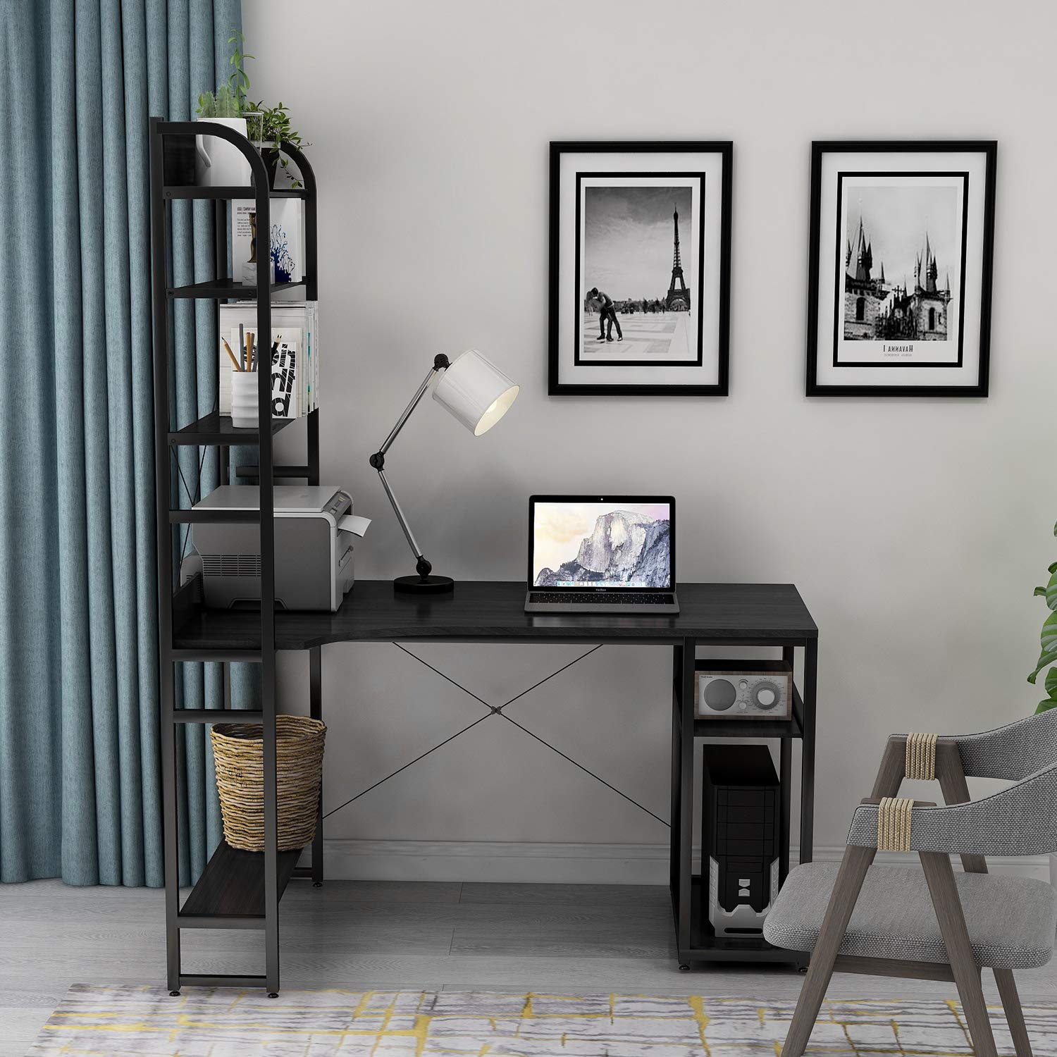 Ergonomic Home Office Computer Desk with 4-Tier Storage Shelves - Black Study Workstation for Writing, PC & Laptop - Perfect for Small Spaces, Dorm Rooms & Remote Work Setup