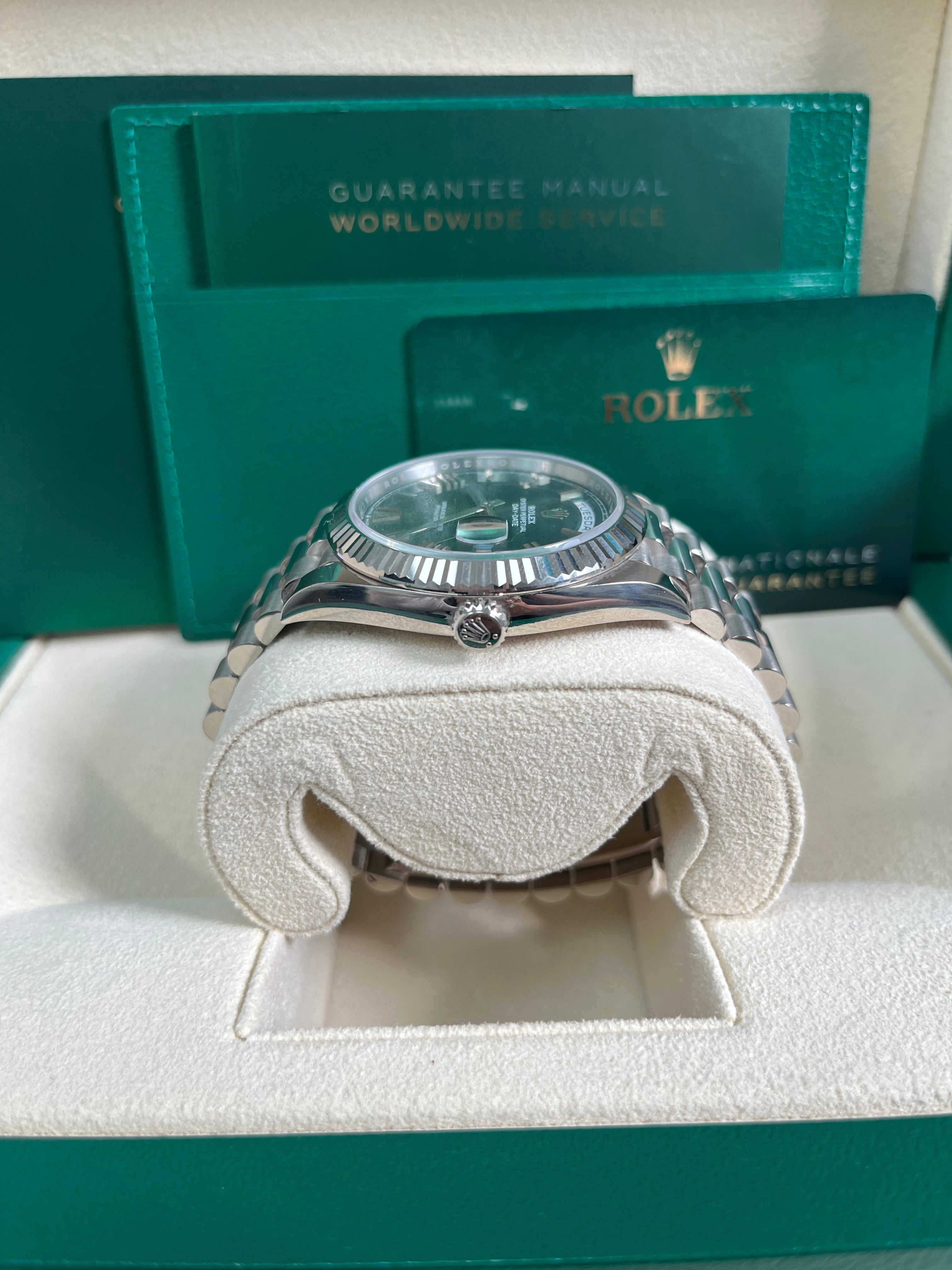 Rolex Day Date 40 White Gold Watch with Fluted Bezel & Olive Green Roman Dial - President Bracelet (Ref# 228239) | Luxury Dress Watch for Business & Formal Occasions