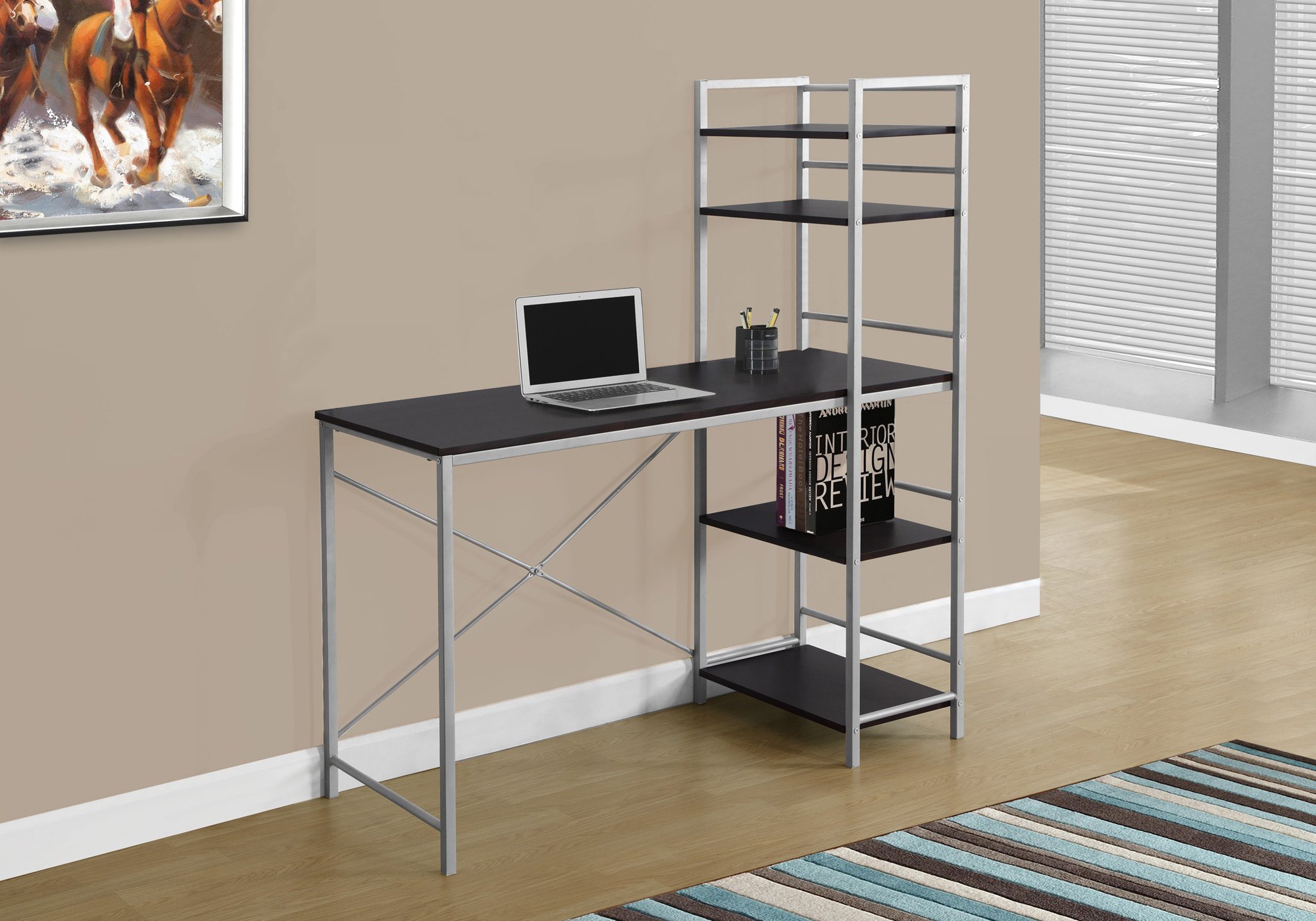 Monarch Specialties 48-Inch Computer Desk with Cappuccino Finish and Silver Metal Frame - Perfect for Home Office, Gaming, and Study Spaces