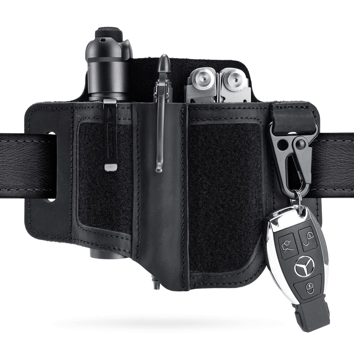 VIPERADE PL3 Leather Multitool Sheath with DIY Patch Area - EDC Pocket Organizer for Men, Belt Organizer with Flashlight & Pen Holder - Perfect for Camping, Hiking & Everyday Carry (Black)