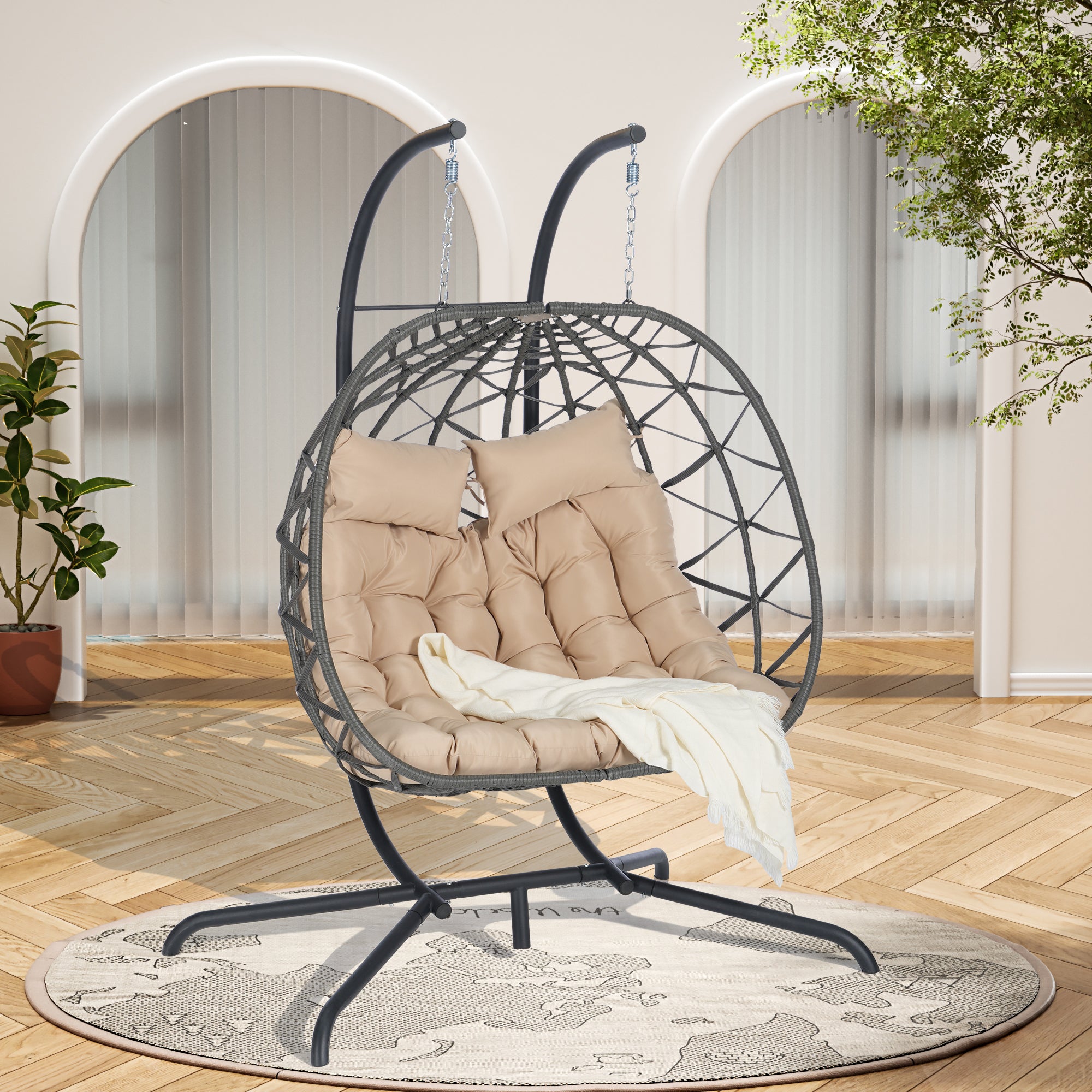 Double Egg Chair with Stand - Hanging Indoor/Outdoor Wicker Rattan Swing Chair with UV-Resistant Cushions (600 lb Capacity) - Perfect for Bedroom, Balcony, Patio & Garden Relaxation