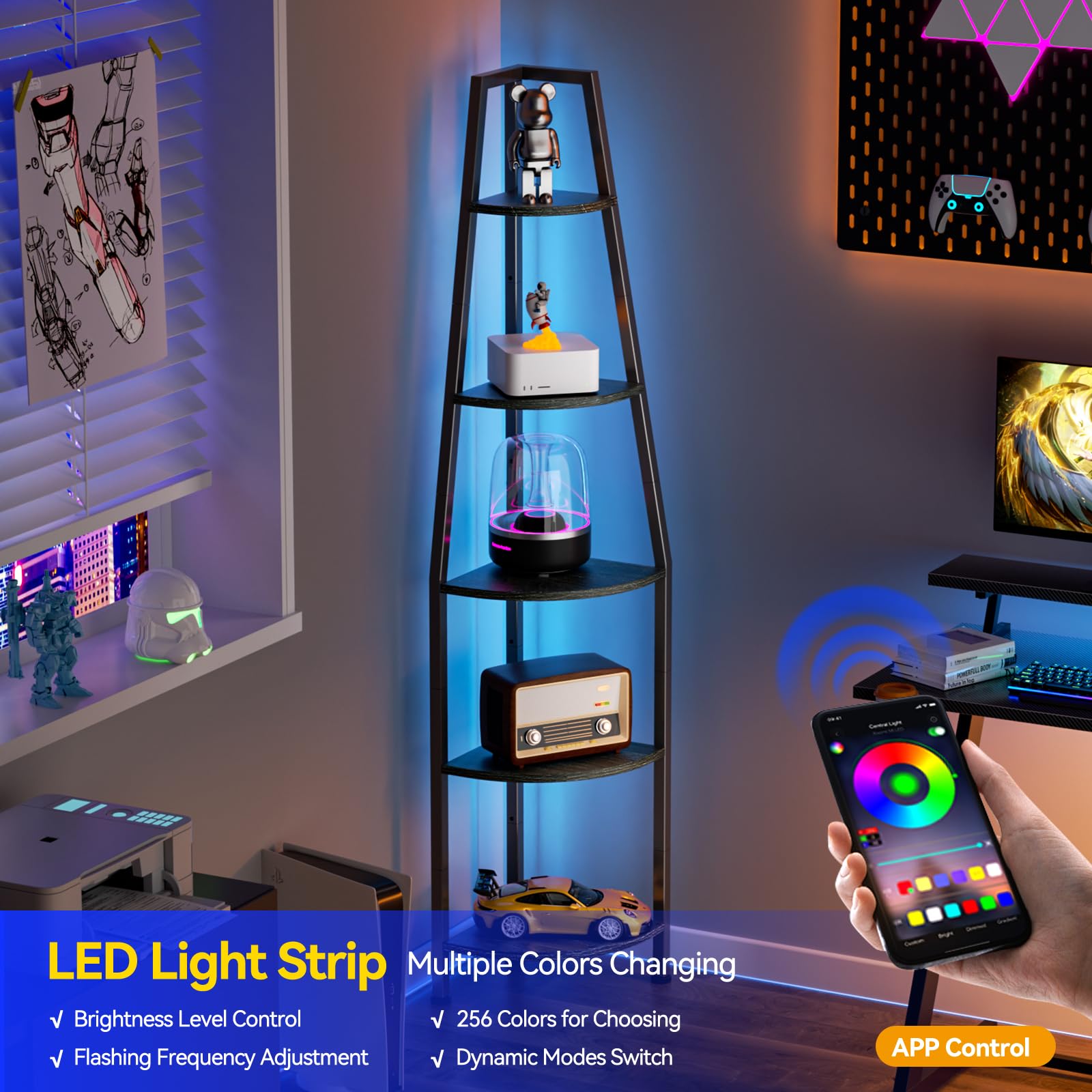 Furnulem 5-Tier Corner Bookshelf with LED Lights - 67.2