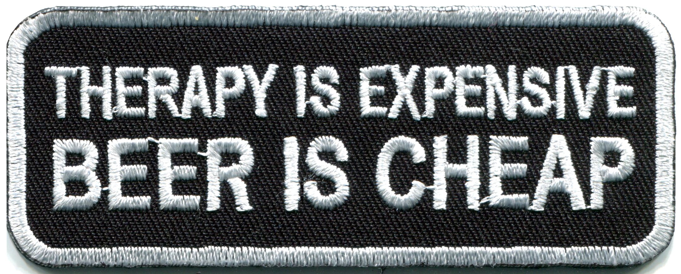 Funny Biker Slogan Iron-On Patch - 'Therapy is Expensive Beer is Cheap' Retro Humor Embroidered Applique for Vest, Jacket & Denim (G-108) | Motorcycle Gear, Rockabilly Style & DIY Clothing Customization