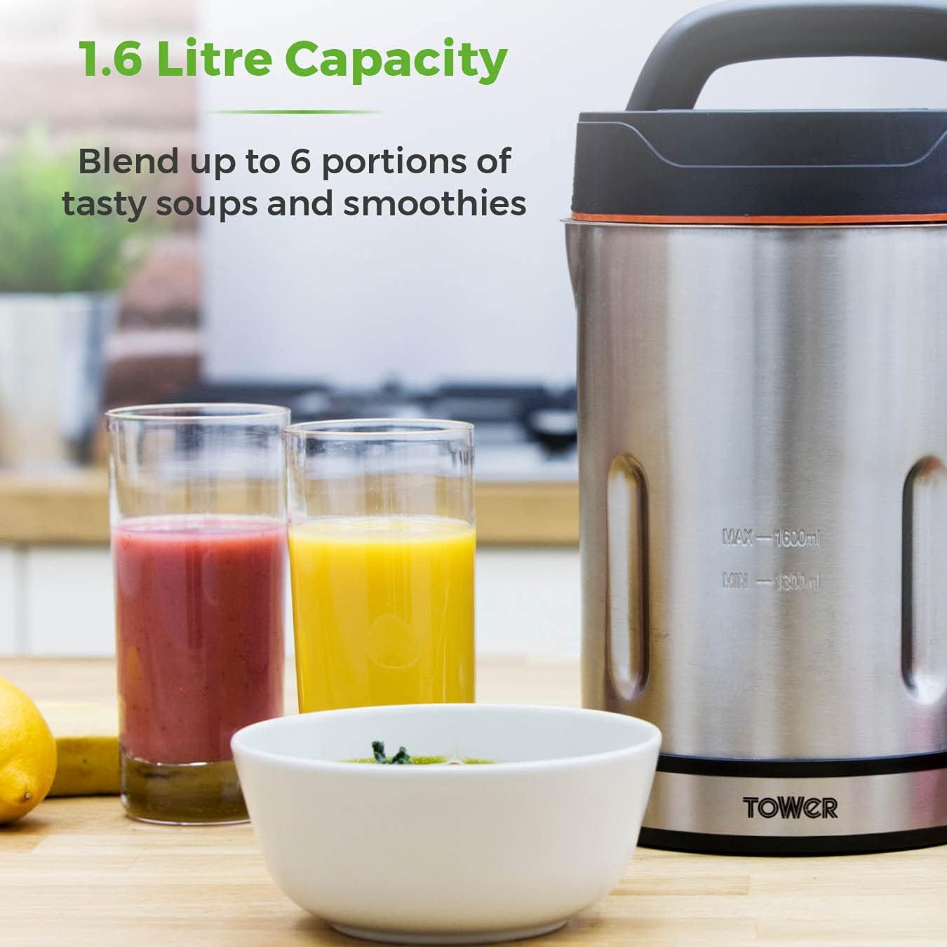 T12031 1000W Smart Soup & Smoothie Blender with 1.6L Stainless Steel Jug, Sharp Blades for Smoothies, Soups, Baby Food - Perfect for Kitchen, Office, Healthy Lifestyle
