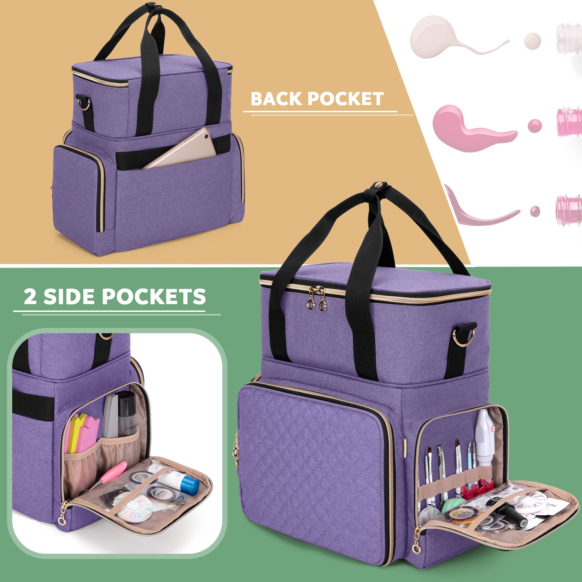 LUXJA Nail Polish Organizer Case Holds 70 Bottles & UV/LED Lamp - Portable Nail Art Storage with 2 Removable Bags & Tool Pockets - Perfect for Salon Professionals & Home Manicures (Purple)