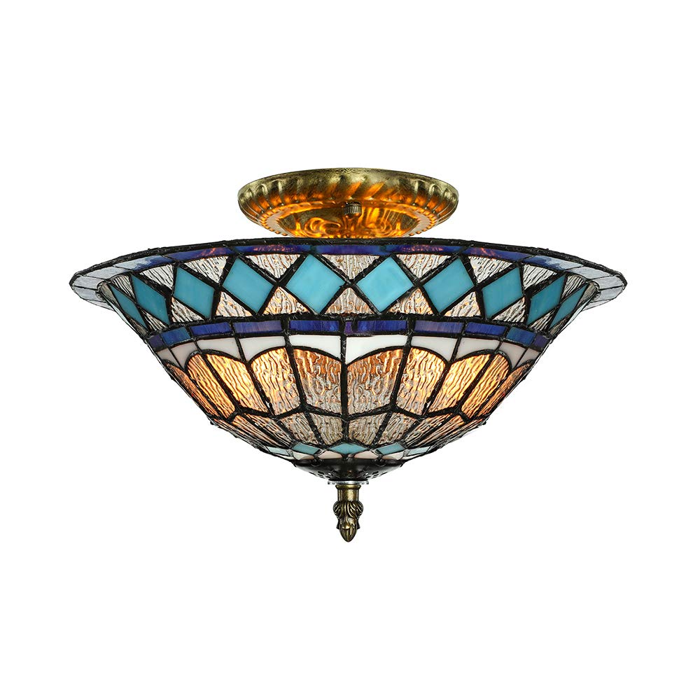 LITFAD Tiffany Style Stained Glass Ceiling Lamp - 12 Inch Flush Mount LED Light Fixture with Blue Diamond Pattern, 2 Lights Pendant Lighting for Dining Room, Bedroom, Corridor - Perfect for Vintage Home Decor, Restaurant Ambiance, and Cozy Living Spaces