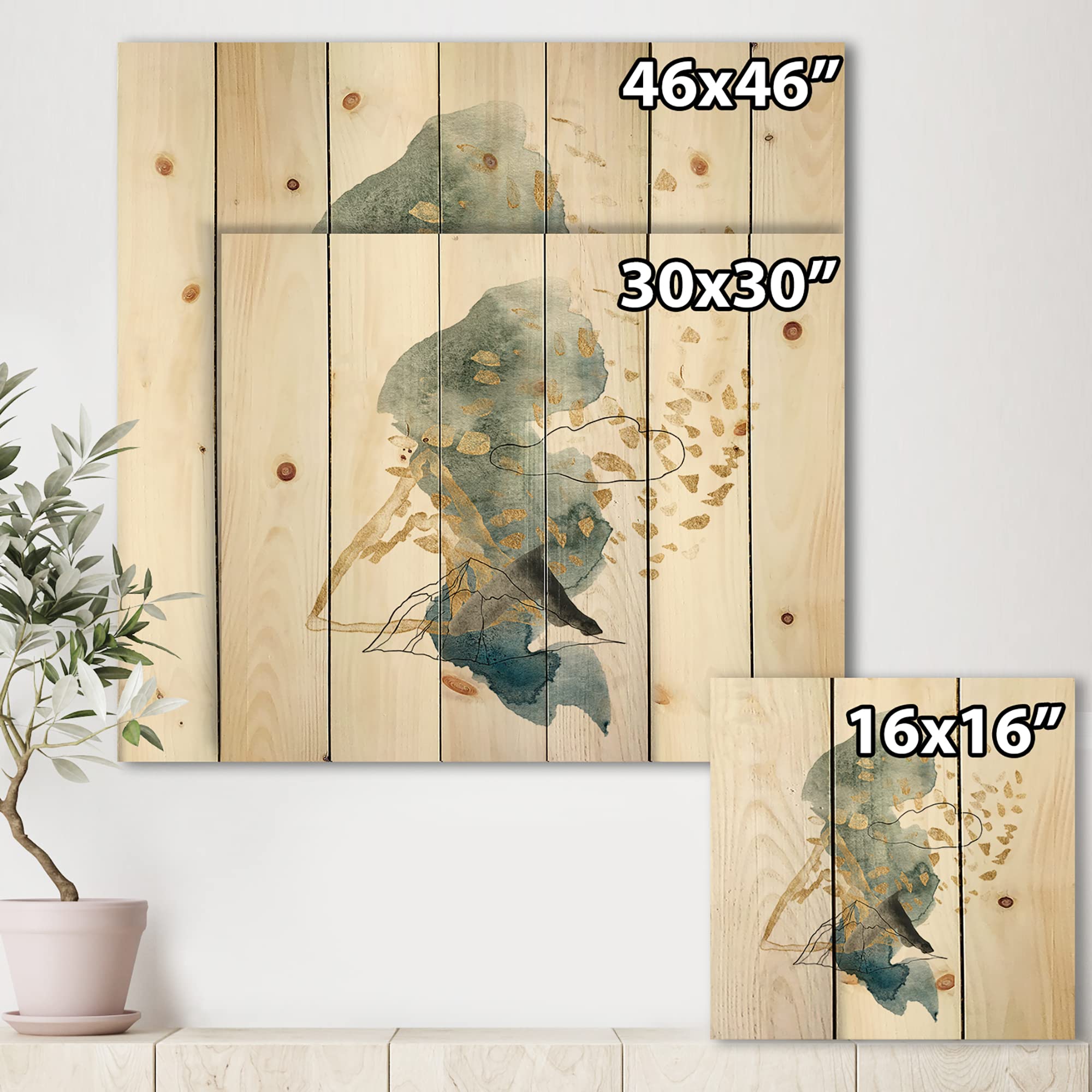 Modern Abstract Wood Wall Art - Dark Blue Mountains & Gold Strokes Landscape on Natural Pine Wood, Large Contemporary Wood Wall Decor for Living Room, Bedroom & Office