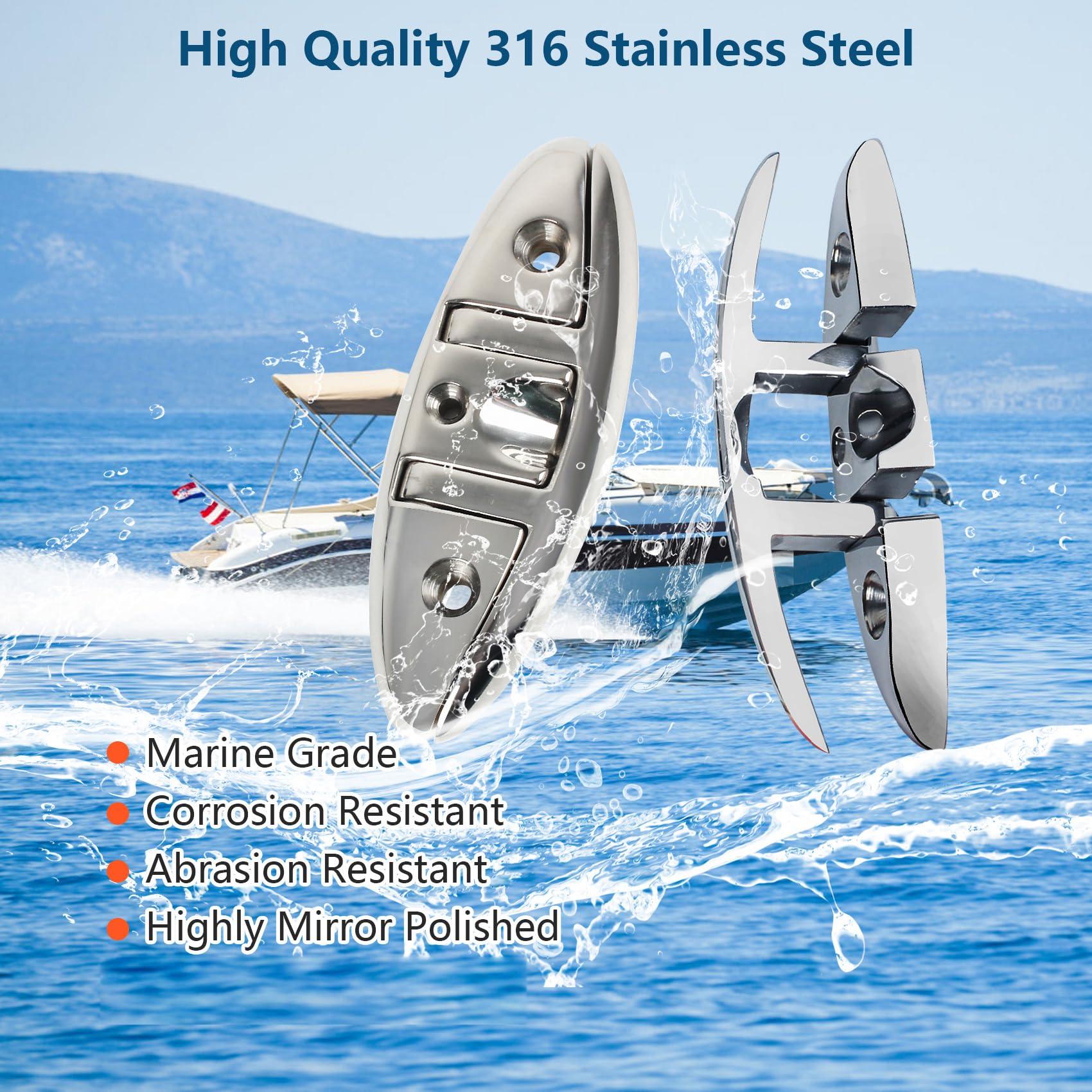 5 Inch & 6 Inch Folding Boat Cleat - 316 Stainless Steel Marine Flip Up Dock Cleat with 3 Holes - Includes Fasteners & Back Plates for Secure Mooring (2 Pack & 4 Pack Options) - Perfect for Boat Docks, Marinas, and Waterfront Mooring Accessories