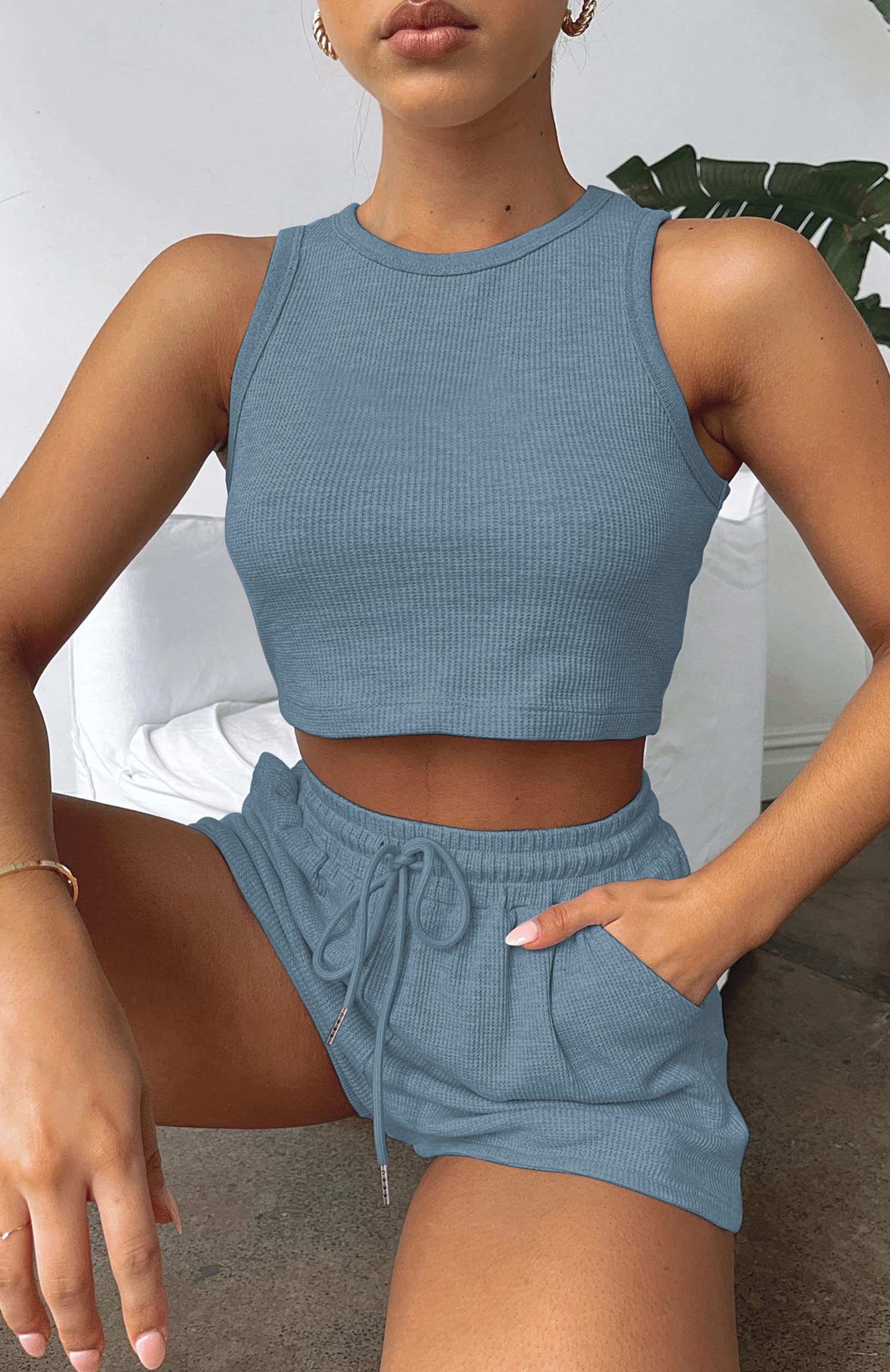 Lingswallow 2 Piece Women's Lounge Set - Sleeveless Crop Top & Waffle Knit Shorts | Comfortable Tracksuit for Yoga, Sleep & Home Relaxation | Women's Sweatsuit Outfit