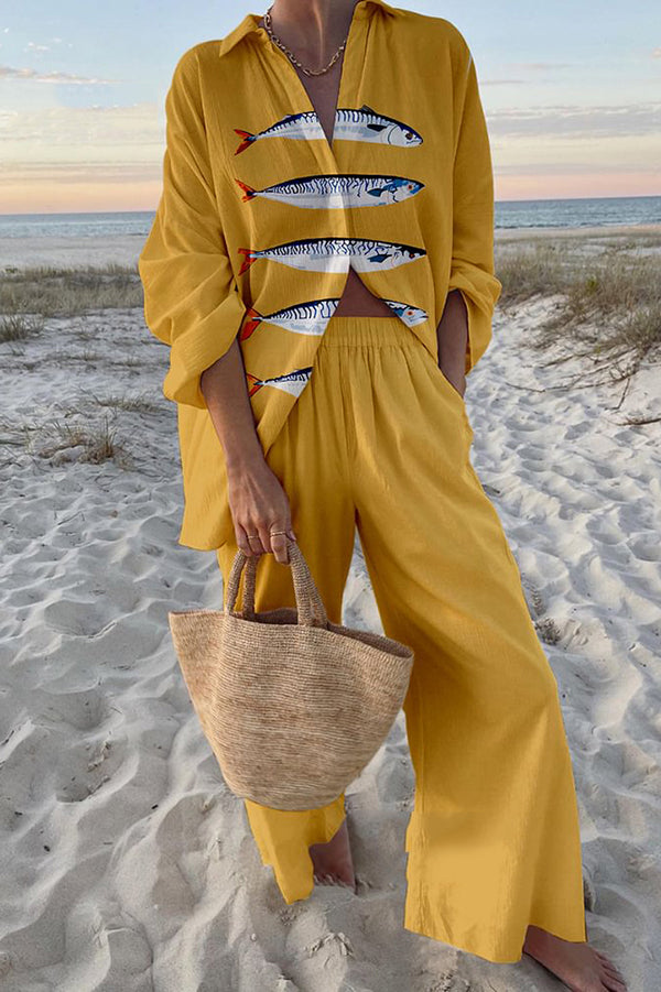 Stylish Ocean Print Oversized Shirt & Elastic Waist Pocket Pants Set - Women's Casual Loungewear for Beach Vacation & Summer Outfits