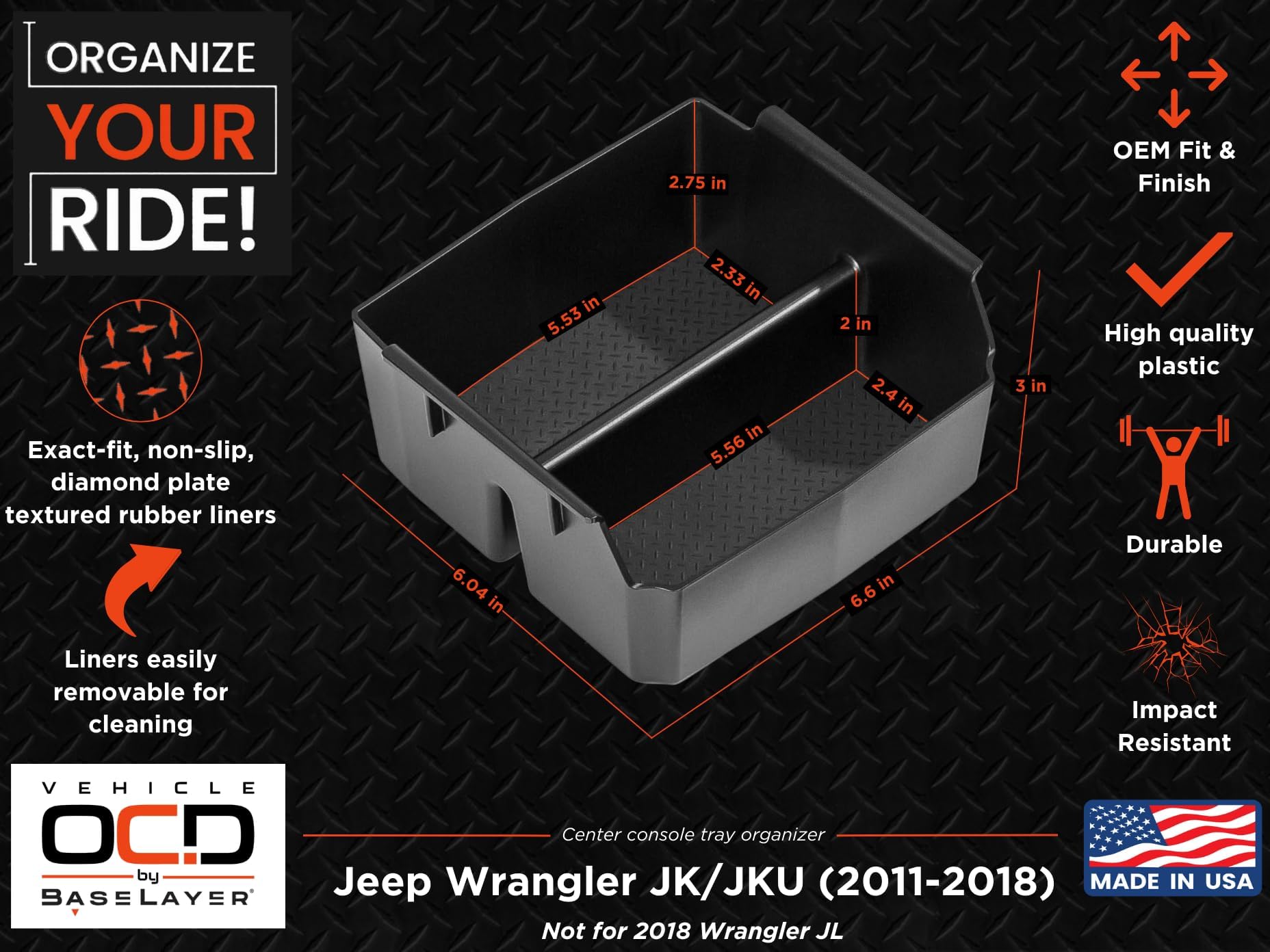 Jeep Wrangler JK & JKU (2011-2018) Center Console Organizer Tray - Premium Vehicle OCD Storage Solution - Made in USA - SLX156 - Perfect for Road Trips & Daily Commuting