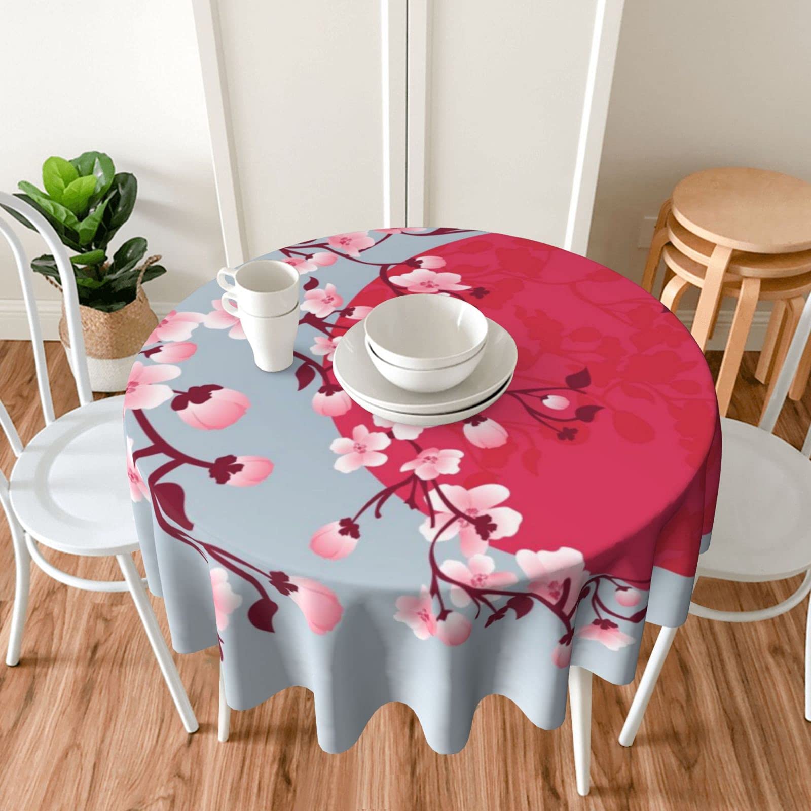 FREEHOTU Japanese Cherry Blossom Round Tablecloth - 60 Inch Thick Washable Table Cover for Kitchen, Dining, Party Decor | Perfect for Daily Use & Special Occasions