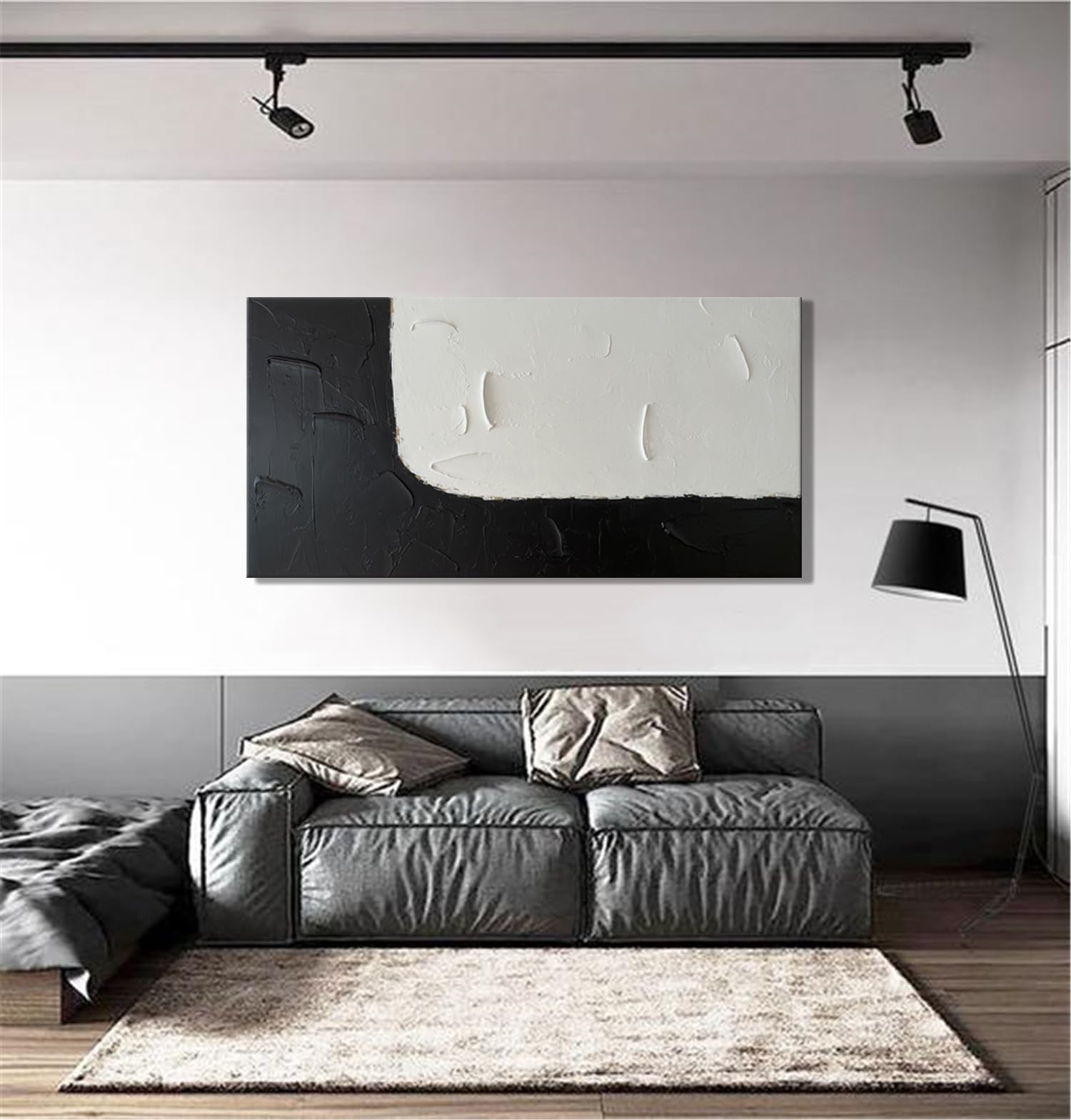 Zoinart Black and White Abstract Oil Painting - 48x24 Inches Modern Textured Canvas Wall Art, Contemporary Minimalist Home Decor for Living Room, Bedroom & Office