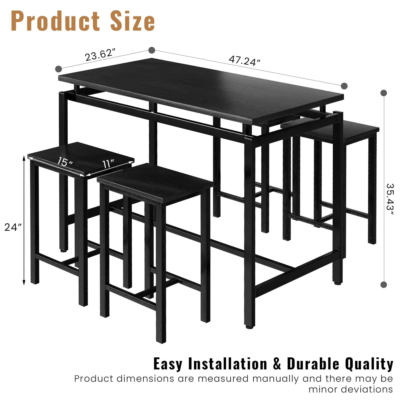 Modern 5-Piece Dining Table Set for 4 with Wooden Top & Adjustable Metal Legs - Compact Kitchen Table and Chairs for Small Spaces - Perfect for Apartments, Breakfast Nooks & Cozy Dining Areas