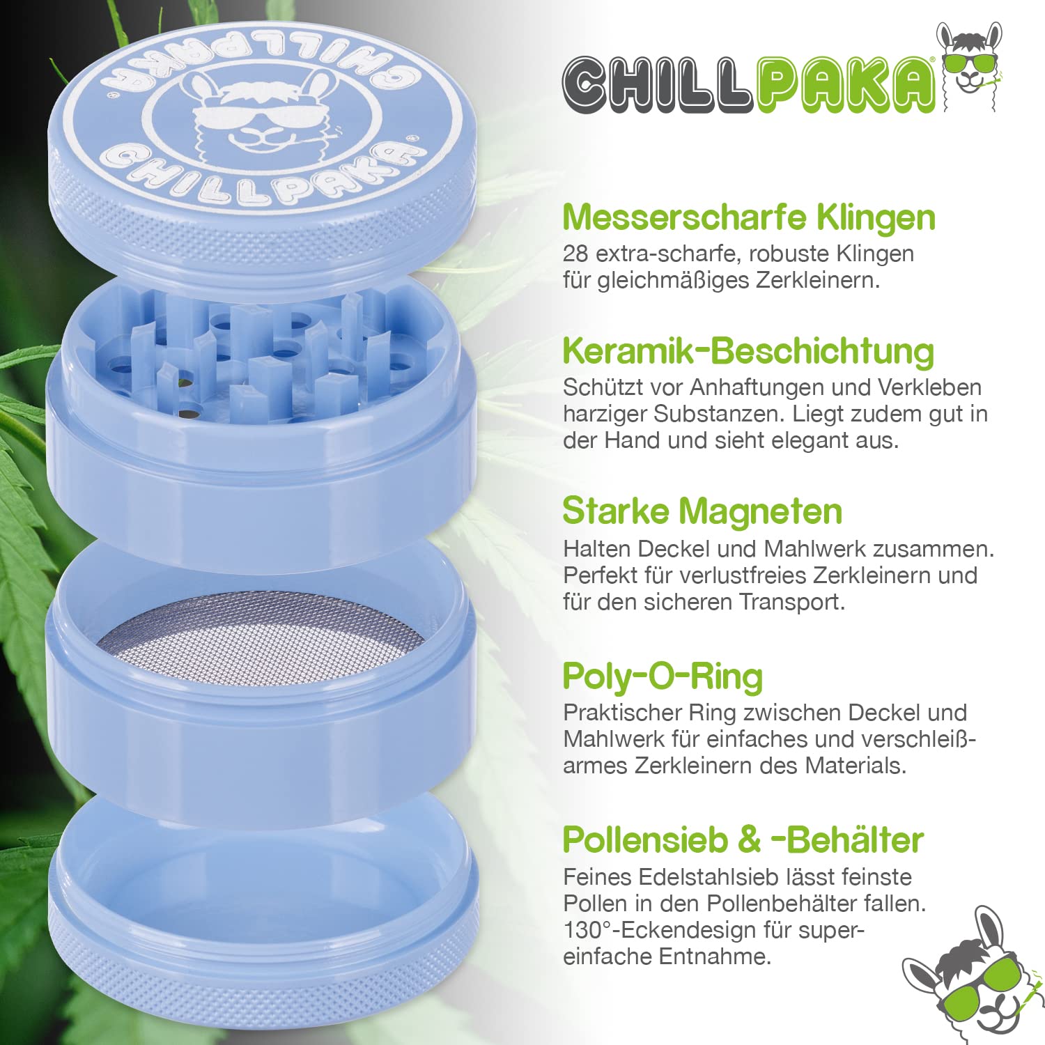 CHILLPAKA® Premium Ceramic Herb Grinder - 55mm Spice Mill with Non-Stick Nano-Ceramic Coating | Perfect for Grinding Herbs, Spices & Coffee | Durable & Easy to Clean | Ideal for Kitchen, Camping & Travel (Blue)