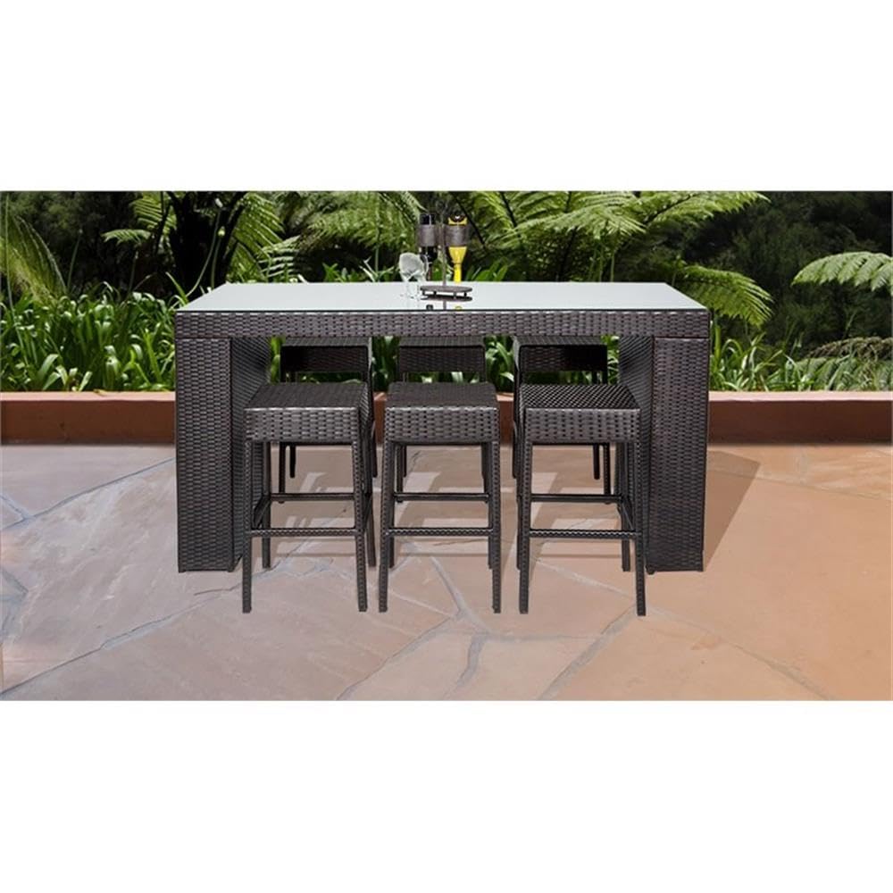 TK Classics BARTABLE 6 Barbados 7-Piece Outdoor Wicker Patio Bar Set with Backless Barstools - Espresso Brown Rattan Furniture for Poolside, Deck, Garden & Backyard Entertaining