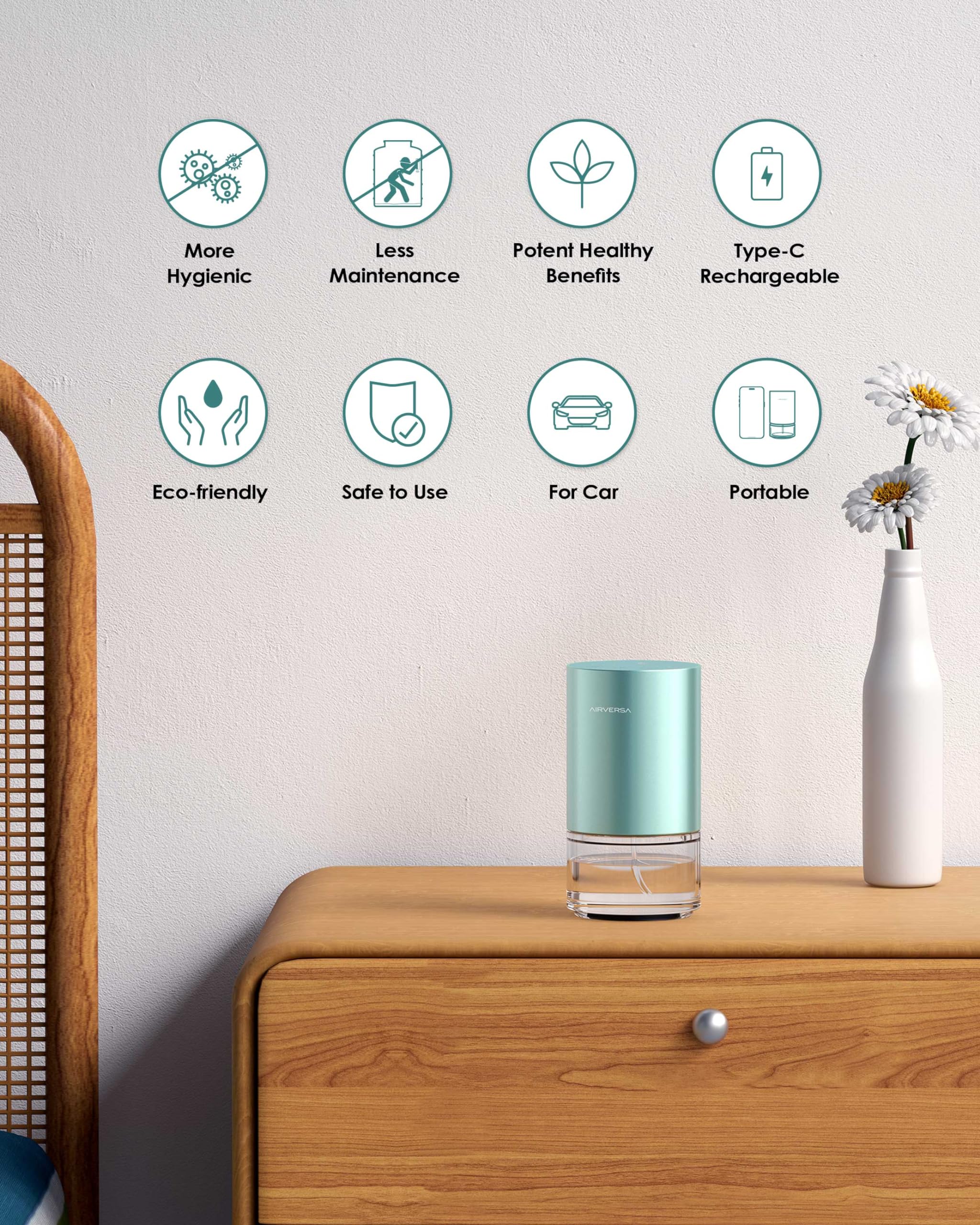 Premium 100ml Waterless Essential Oil Diffuser - Battery Operated Aromatherapy Nebulizer with 3 Mist Modes, Timer & Color Light | Mint Scented Air Purifier for Home, Office, Yoga & Spa Relaxation