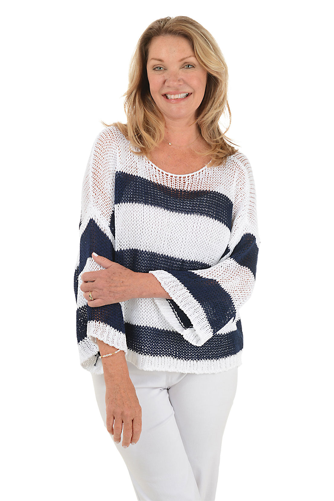 Stylish Striped Dolman Sleeve Open Weave Sweater for Women - Lightweight Knit Pullover for Casual Outfits & Fall Layering