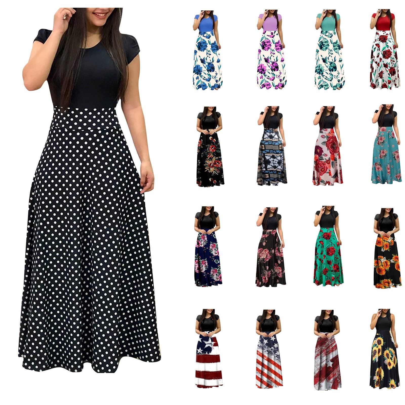 ZEFOTIM Women's Summer Floral Print Maxi Dress - Bodycon Casual Short Sleeve Crewneck Party & Beach Dress for Outdoor Events, Vacations & Date Nights