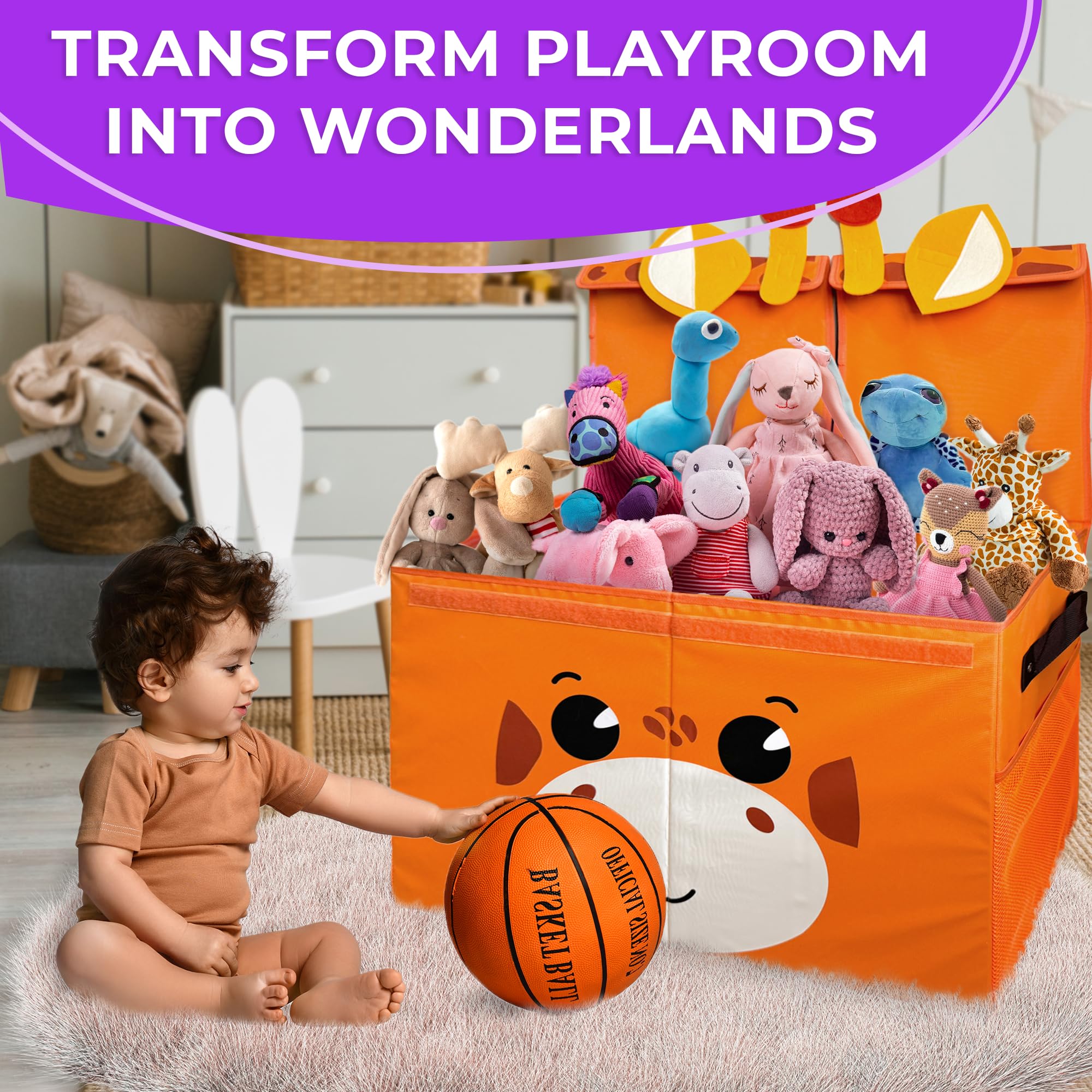QUOKKA Large Giraffe Toy Storage Box for Kids - 24.8x16.1x13 Inch Foldable Fabric Toy Organizer with Collapsible Handles & Flip Top Lid - Playroom, Nursery, Bedroom Organization Solution for Boys and Girls - Perfect for Stuffed Animals, Legos & Kids Toys