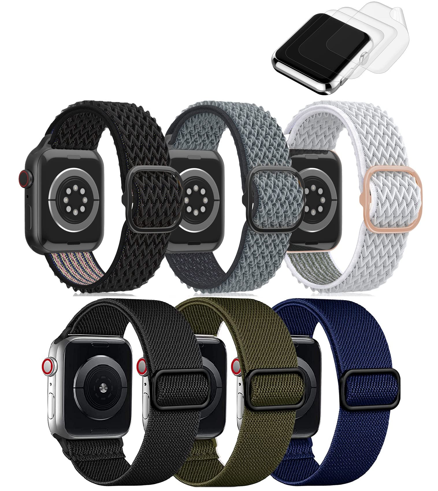 6 Pack Stretchy Adjustable Sport Strap Compatible with Apple Watch 44mm 42mm - Nylon Elastic Wristband for iWatch Series 8/7/SE/6/5/4/3 - Perfect for Running, Workouts & Everyday Wear for Men & Women